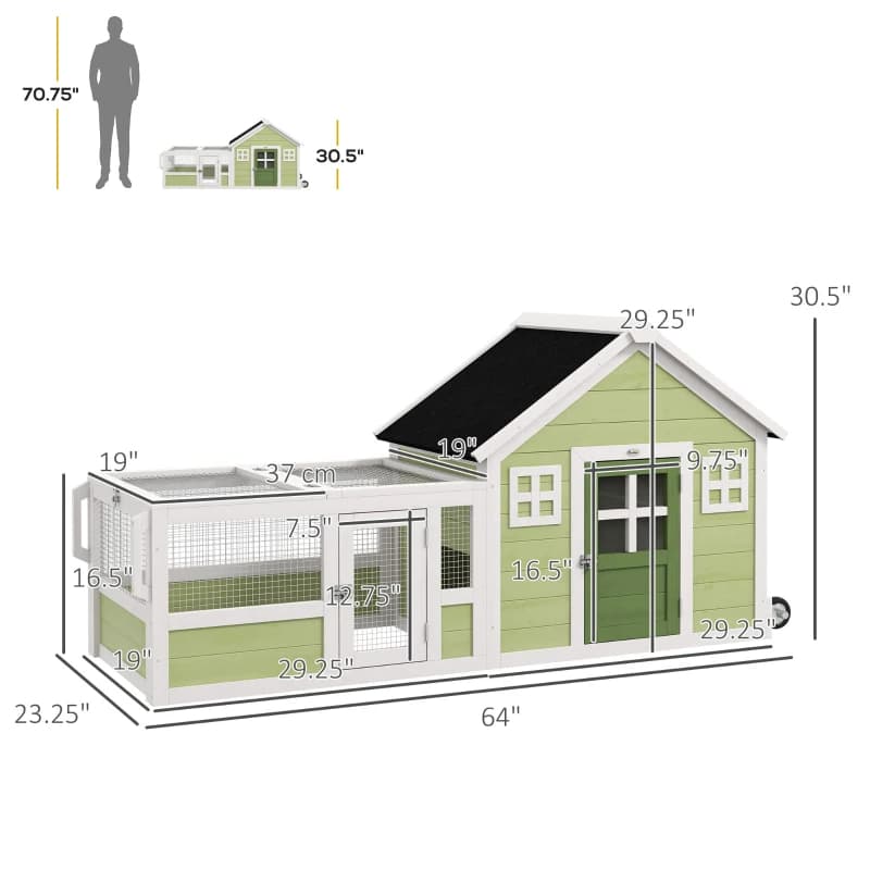 64 Inch Rabbit Hutch With Asphalt Roof, Handle, Wheels, Multicolo