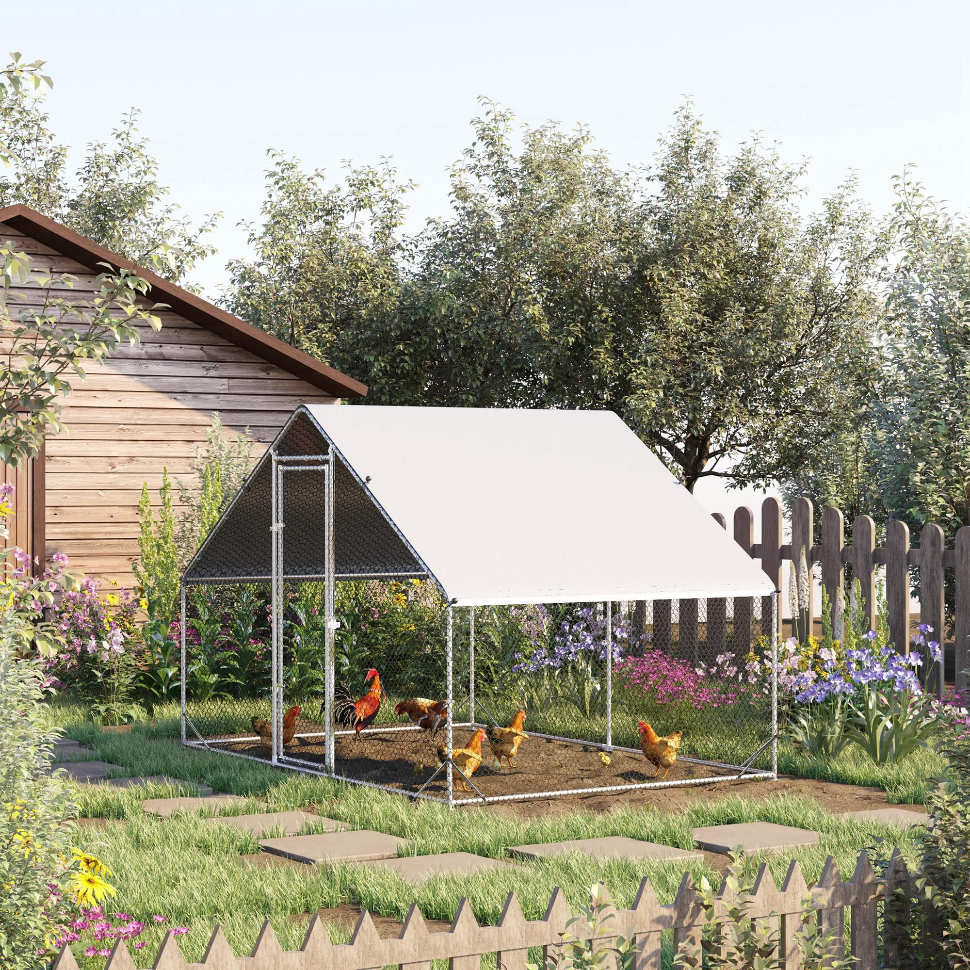  Large Chicken Coop Metal Chicken Run with Waterproof and Anti-UV Cover, Spire Shaped Walk in Fence Cage Hen House for Outdoor and Yard Farm Use, 1" Tube Diameter, 9.8' x 6.6' x 6.6'