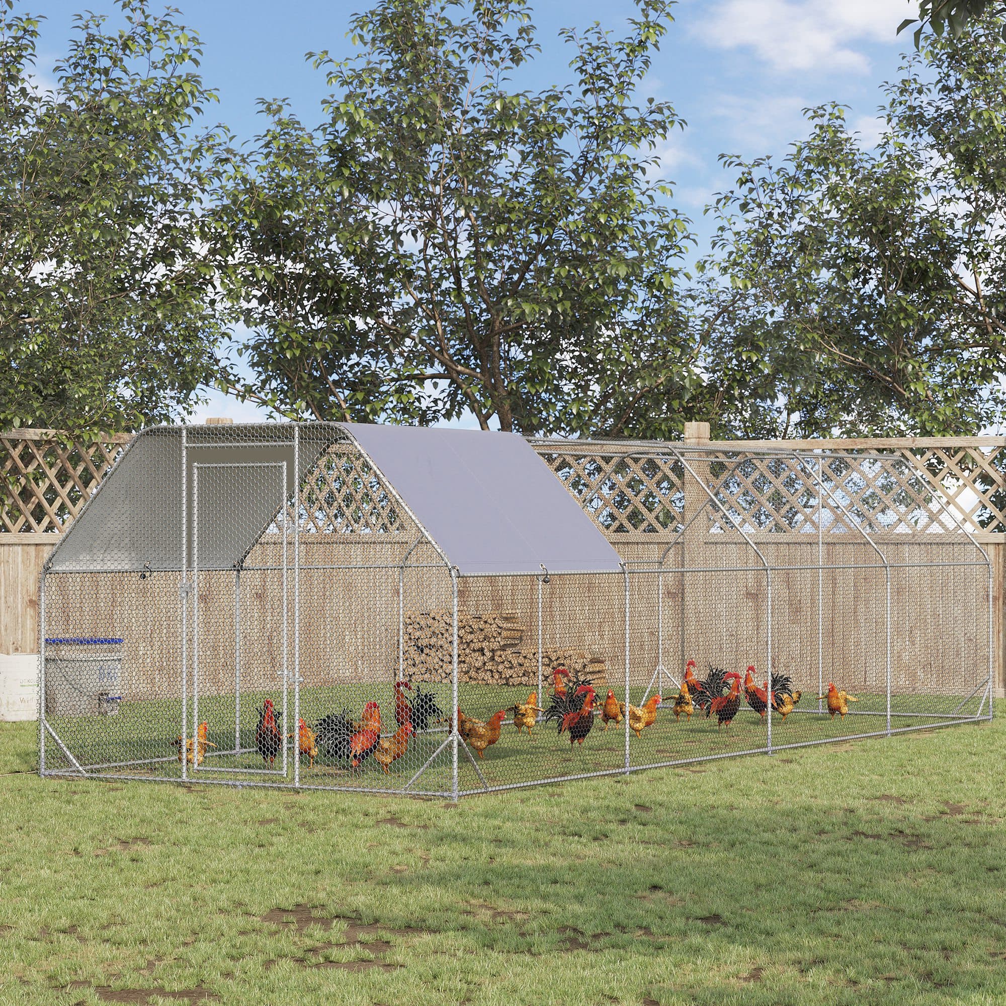  Large Chicken Coop Metal Chicken Run with Waterproof and Anti-UV Cover, Flat Shaped Walk in Fence Cage Hen House for Outdoor and Yard Farm Use, 1" Tube Diameter, 9.2' x 24.9' x 6.4'