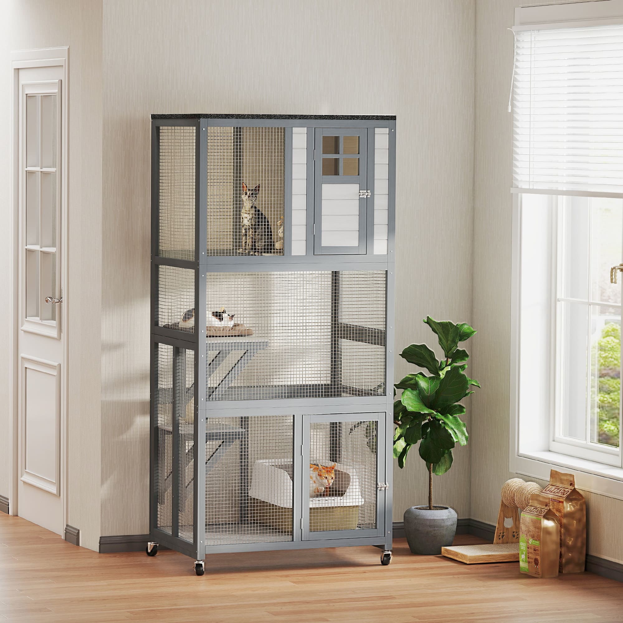  74" Wooden Outdoor Cat House Catio with High Weight Capacity, Cat Cage Condo, Dark Gray