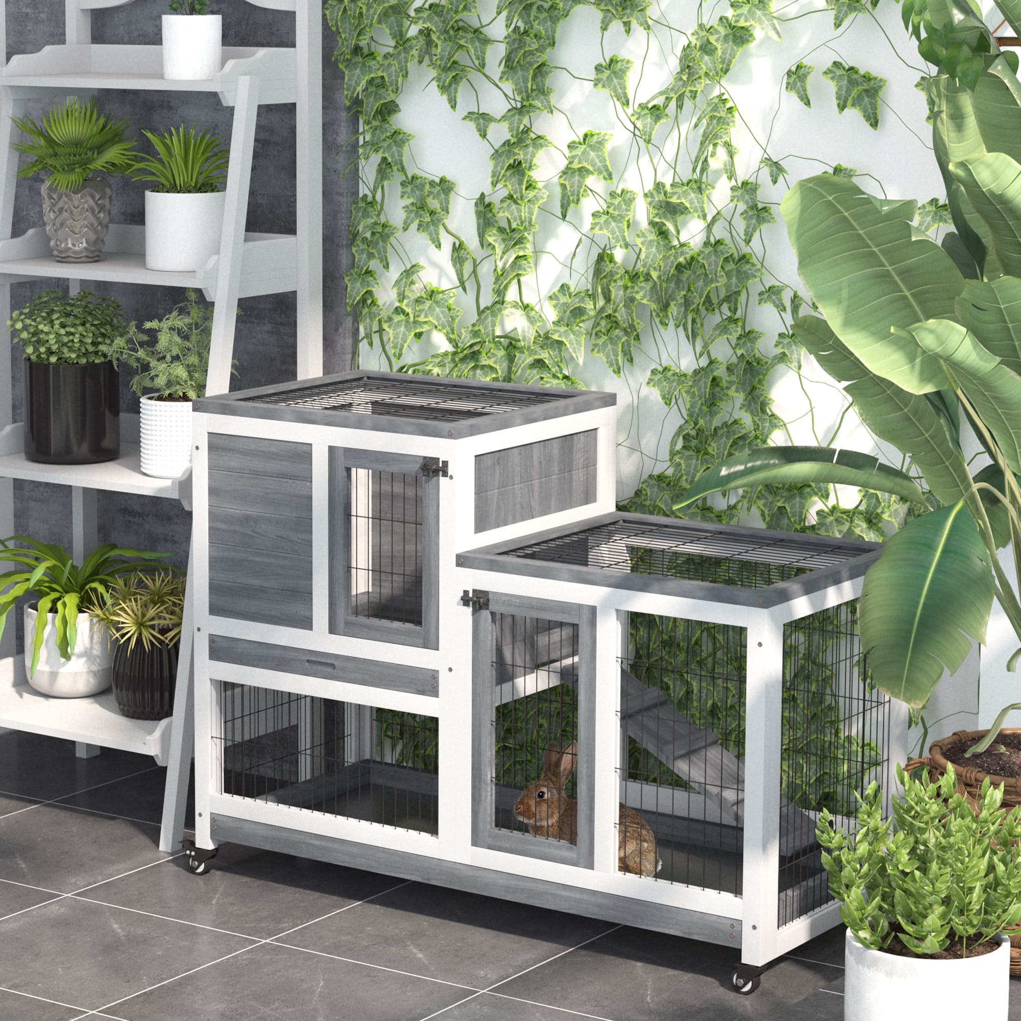  Wooden Rabbit Hutch Elevated Bunny Cage Indoor Small Animal Habitat with Enclosed Run with Wheels, Ramp, Removable Tray for Rabbits, Chickens, Ducks, Guinea Pigs, Gray