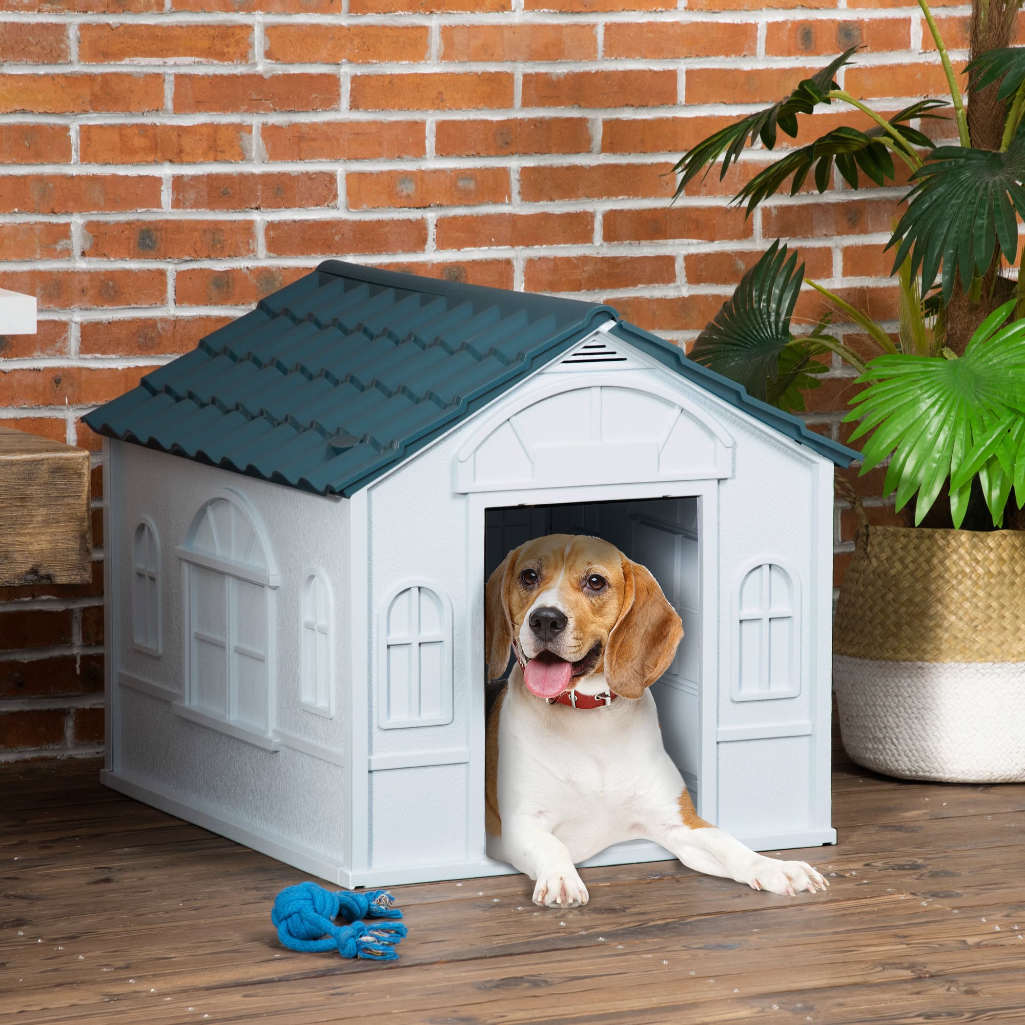  Plastic Dog House for Medium and Small Dogs, Water Resistant Puppy Shelter Indoor Outdoor with Door, Easy to Assemble, Blue