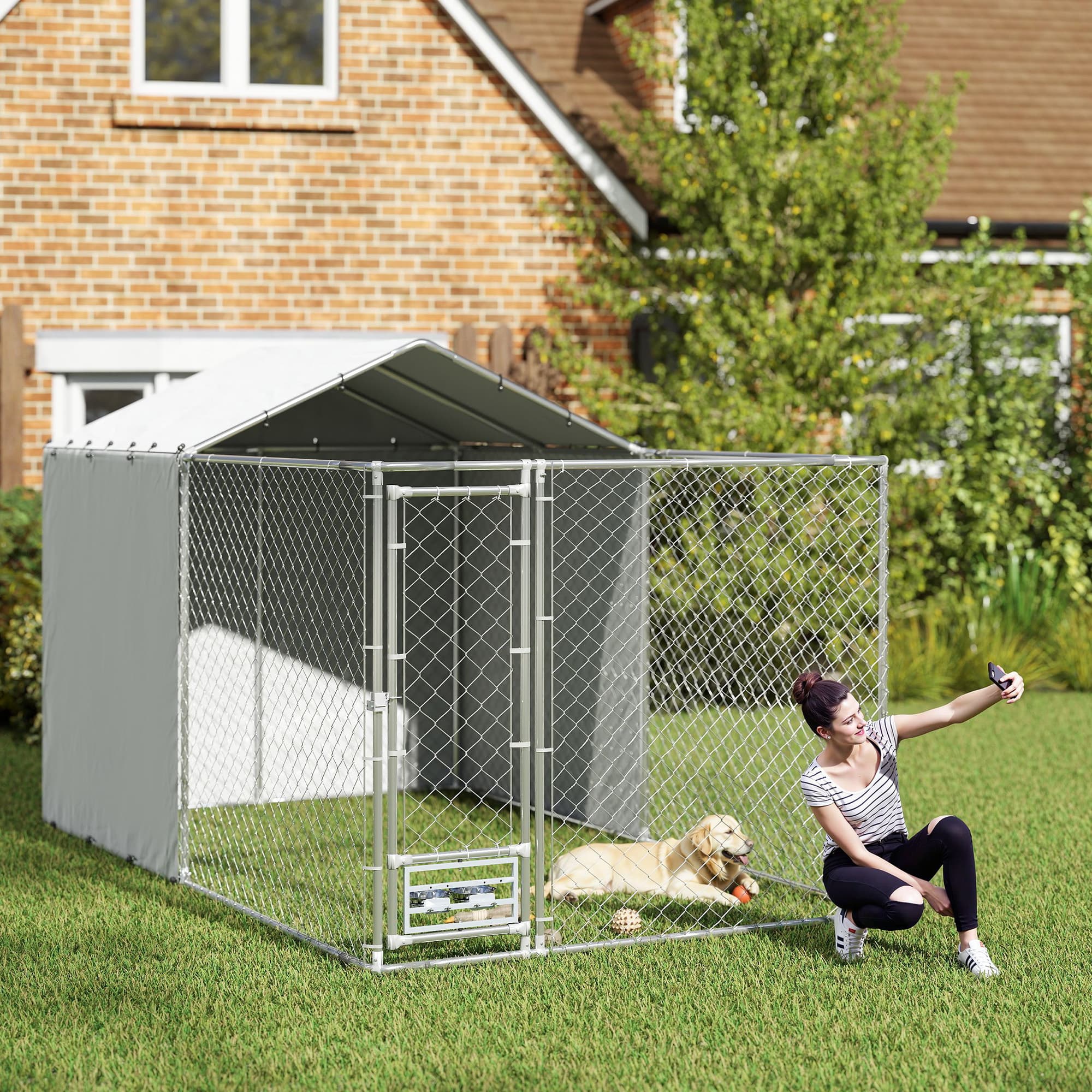  Galvanized Chain Link Large Outdoor Dog Kennel with Waterproof & UV-Resistant Cover, for M&L Dogs, 13.1' x 7.5' x 7.5'