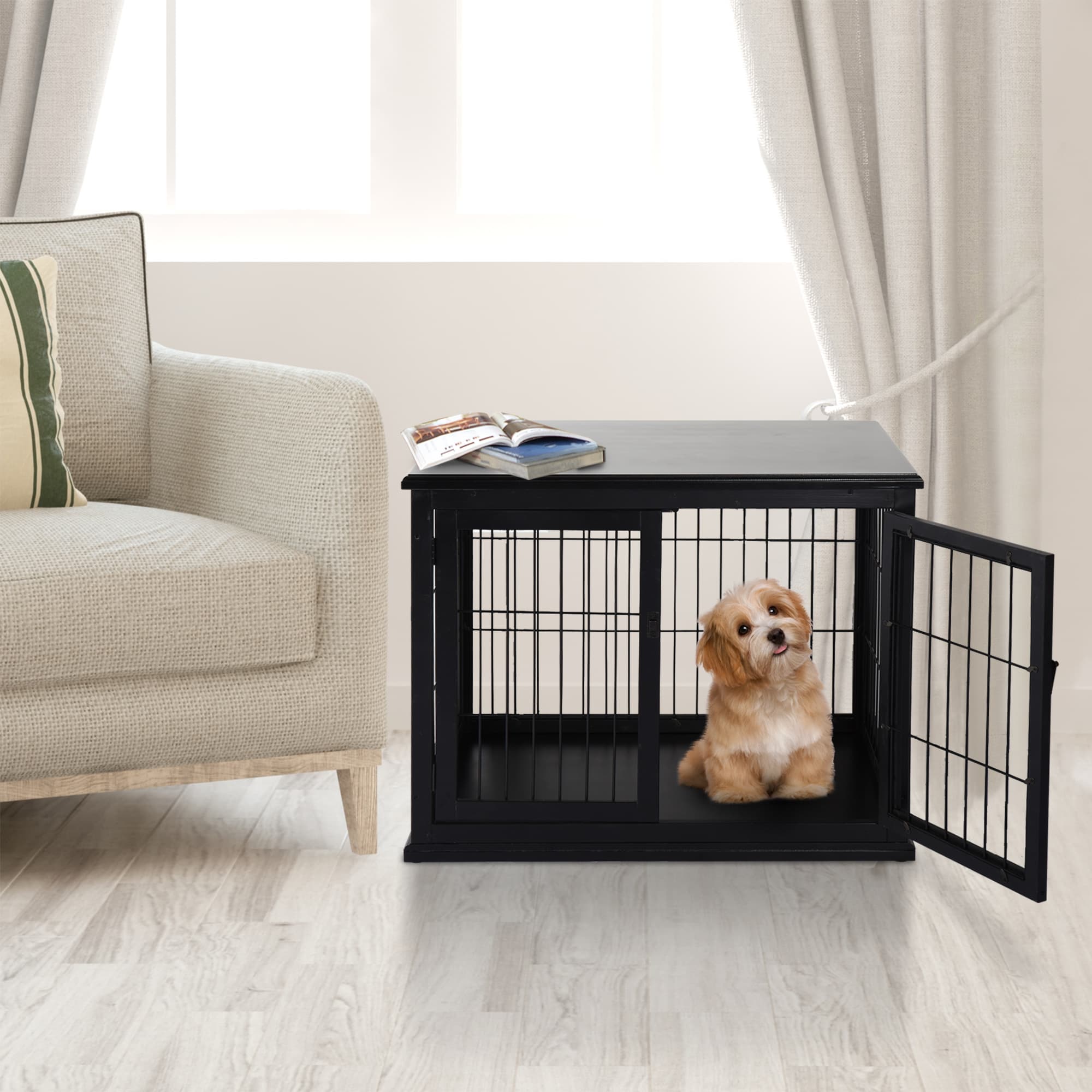  Dog Crate Furniture, 32" Small Dog Cage End Table with 2 Doors, Lockable Door, Puppy Kennel Indoor, Black
