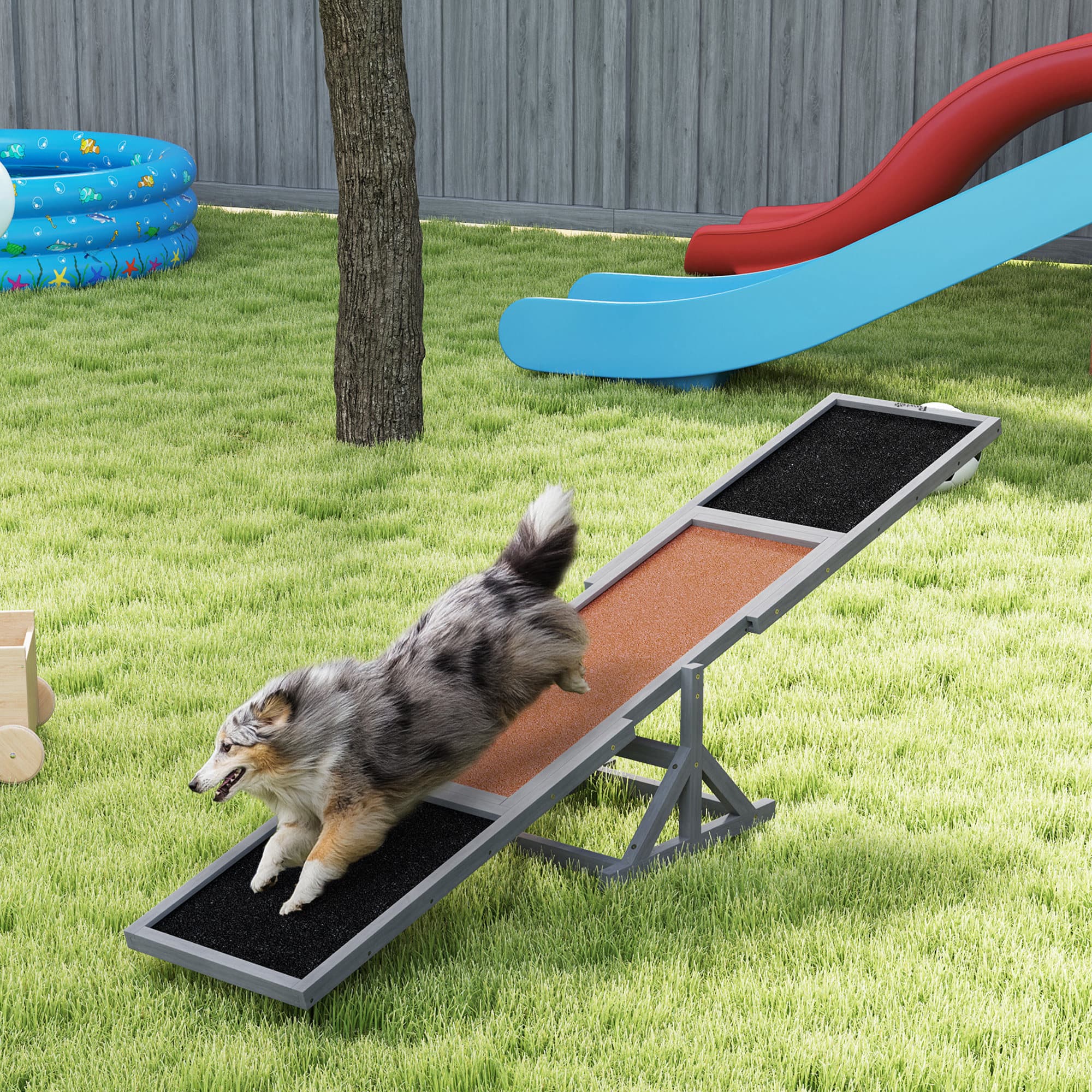  Wooden Dog Agility Seesaw for Training and Exercise, Weather Resistant, 83" L x 16" W x 14" H, Gray