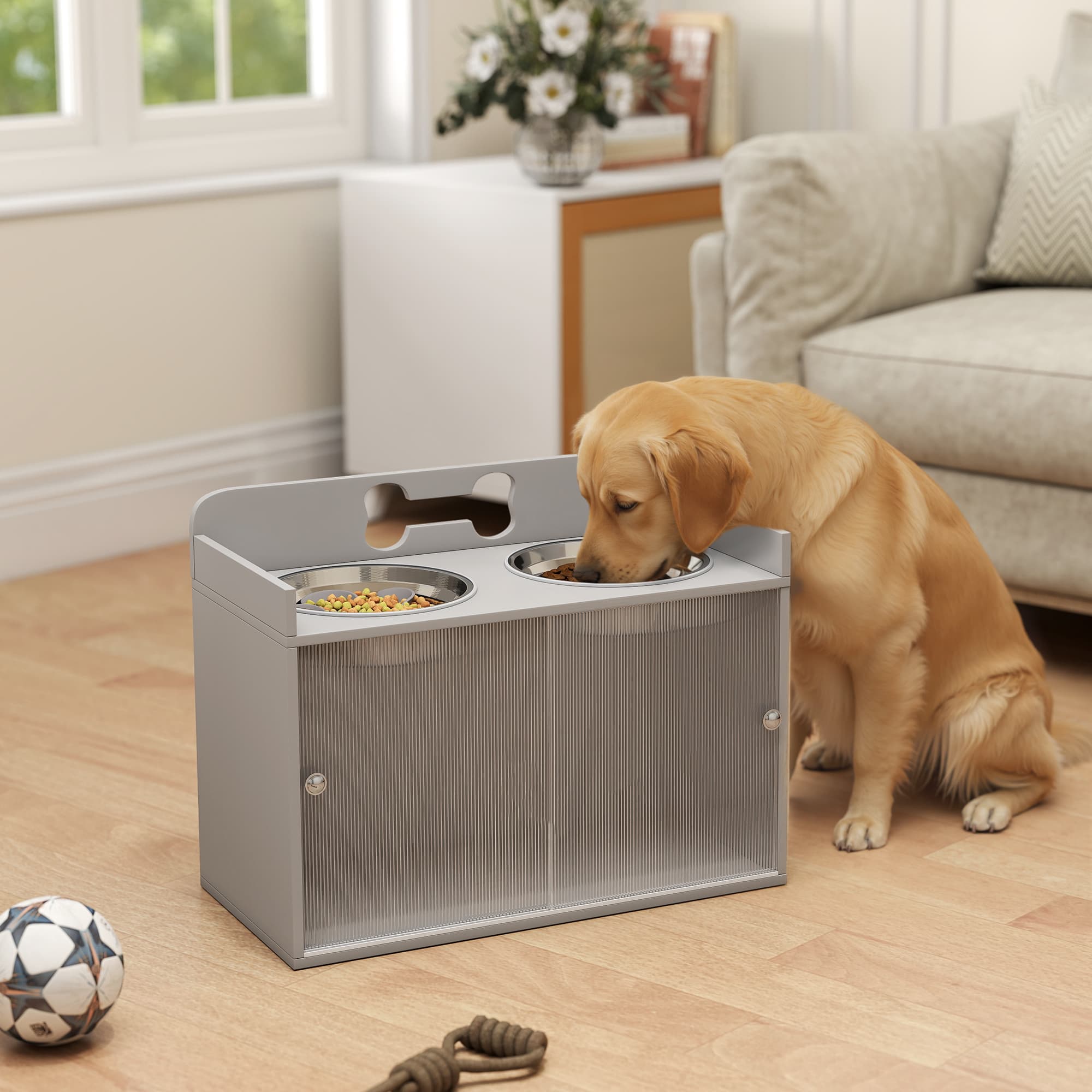  Elevated Dog Bowls with Storage, Raised Dog Bowl Stand with 2 Stainless Steel Bowl for Large Dogs, Gray
