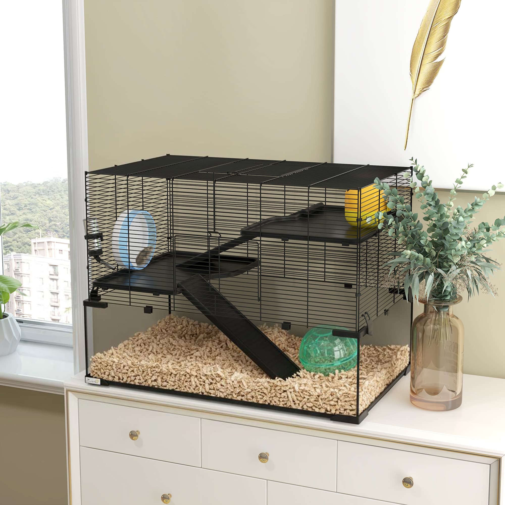  31" Hamster Cage, Gerbil Cage with Glass Basin for Small Hamsters, Black