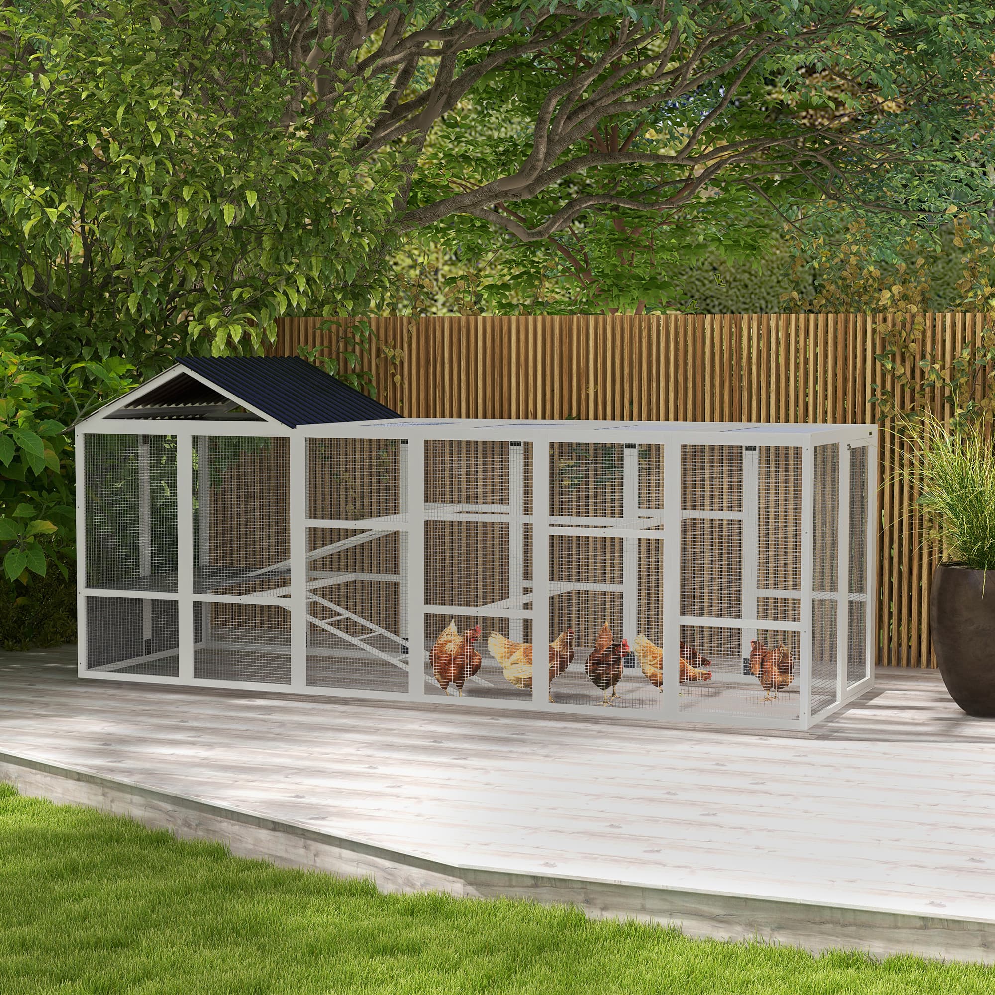  Wooden Chicken Coop Run for 6 - 10 Chickens, Hen House Add-On with Storage, Perches, 141.75" x 48" x 61", Gray