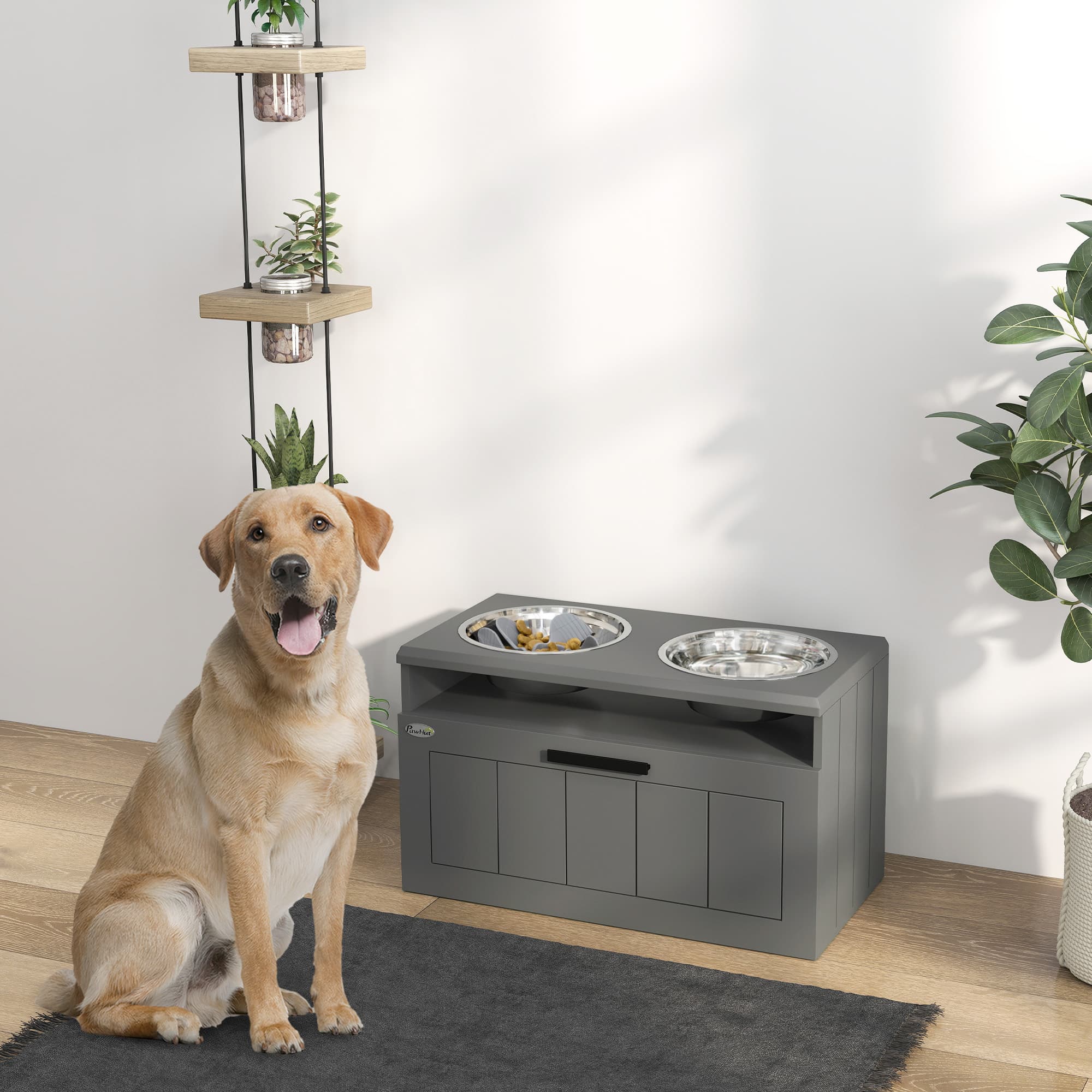  Elevated Dog Bowls, Large Breed Raised Dogs Bowl Stand with 2 Stainless Steel Bowls, Storage Drawer and Slow Feeder Mat