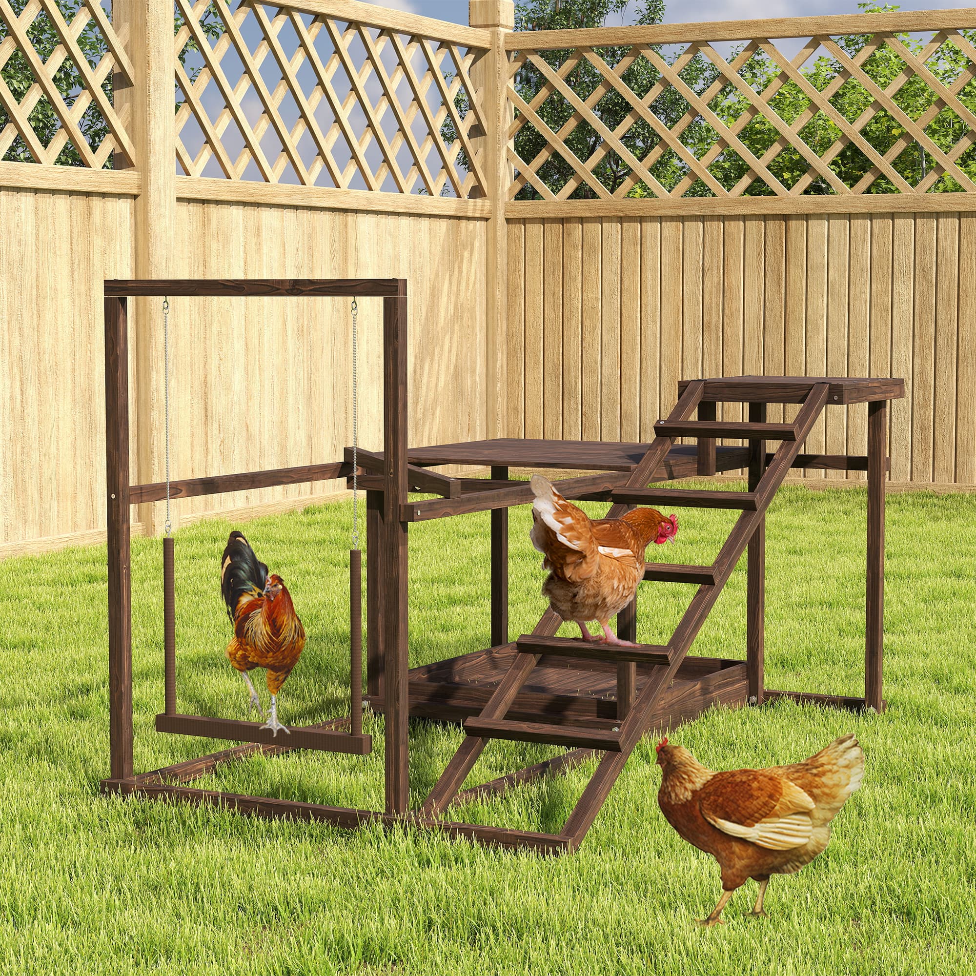  Wooden Chicken Activity Play Set with Perch, Swing, Ladder, Platforms, Feeder Storage, Coffee