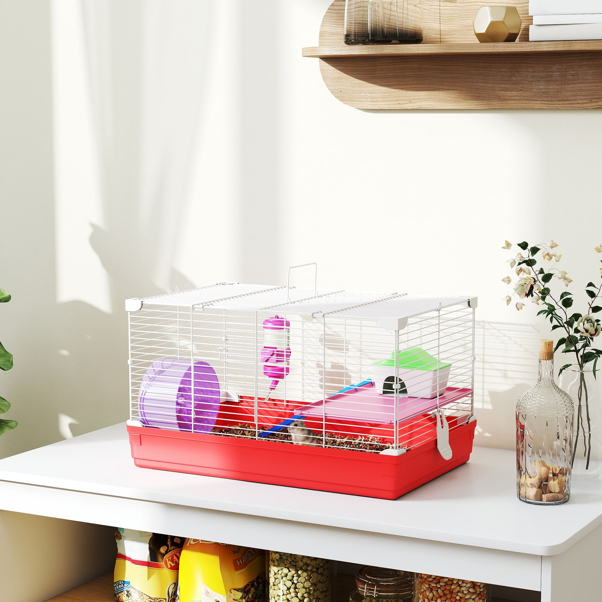  18.5" Hamster Cage with Exercise Wheel and Water Bottle, Dish, Rat House and Habitat 2-Story Design, Red