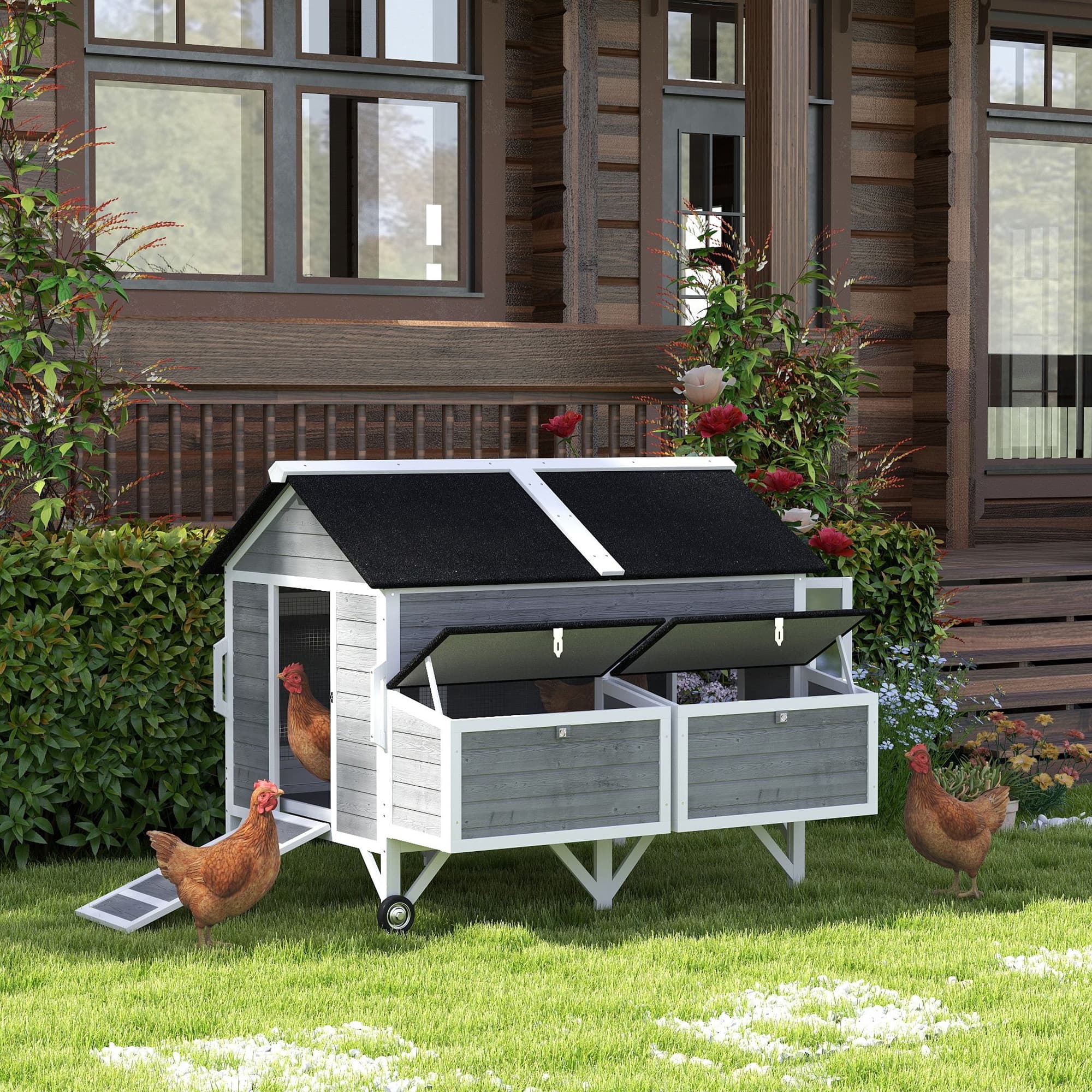 59" Wooden Chicken Coop w/ Wheels, Handles, 2 Nesting Boxes, 2 Trays, 4 Perches, Chicken Tractor for 4-6 Chickens, Gray