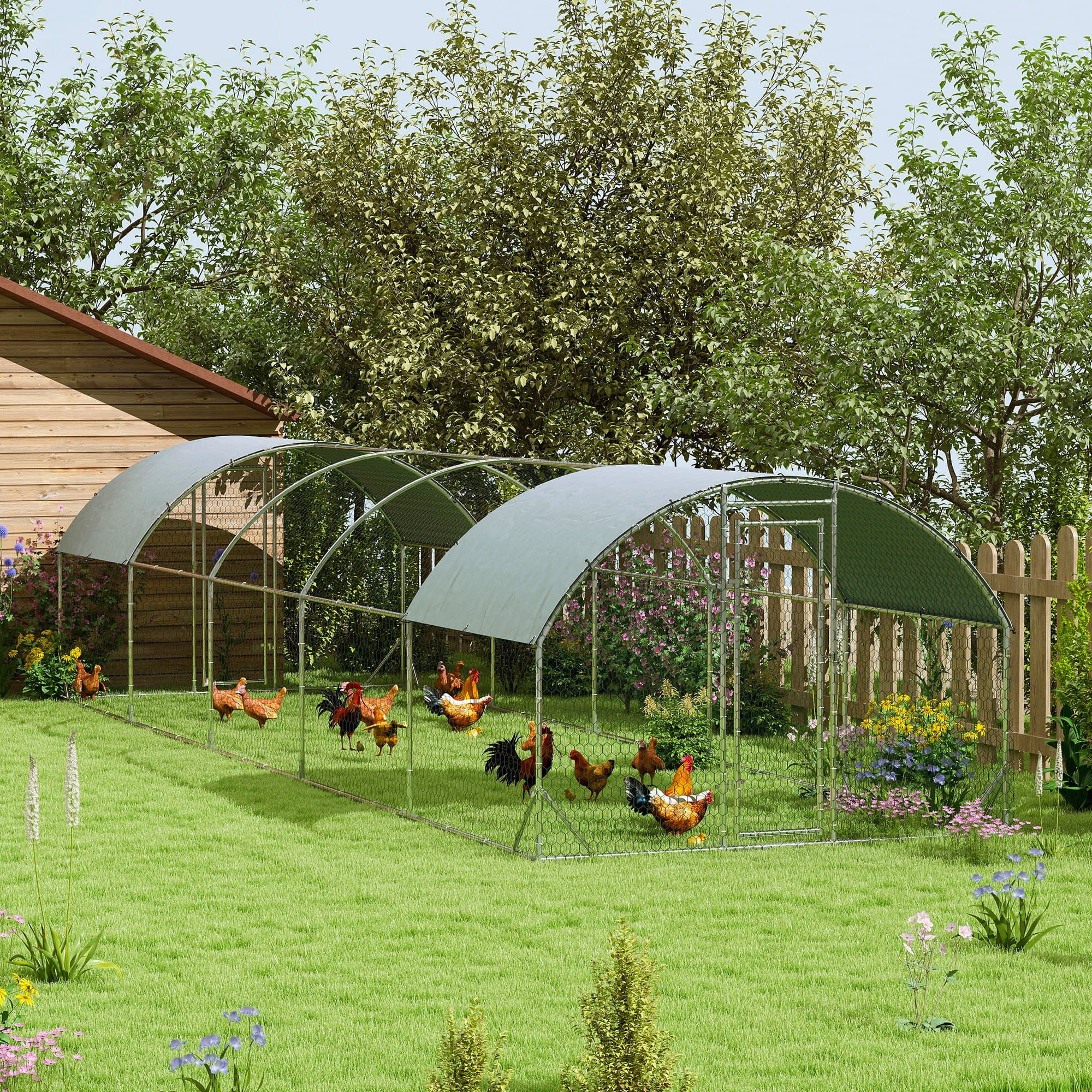  Large Metal Chicken Coop with Waterproof and Anti-UV Cover for Yard, Outdoor, Duck, Rabbit, 9.2' x 31.2' x 6.5'