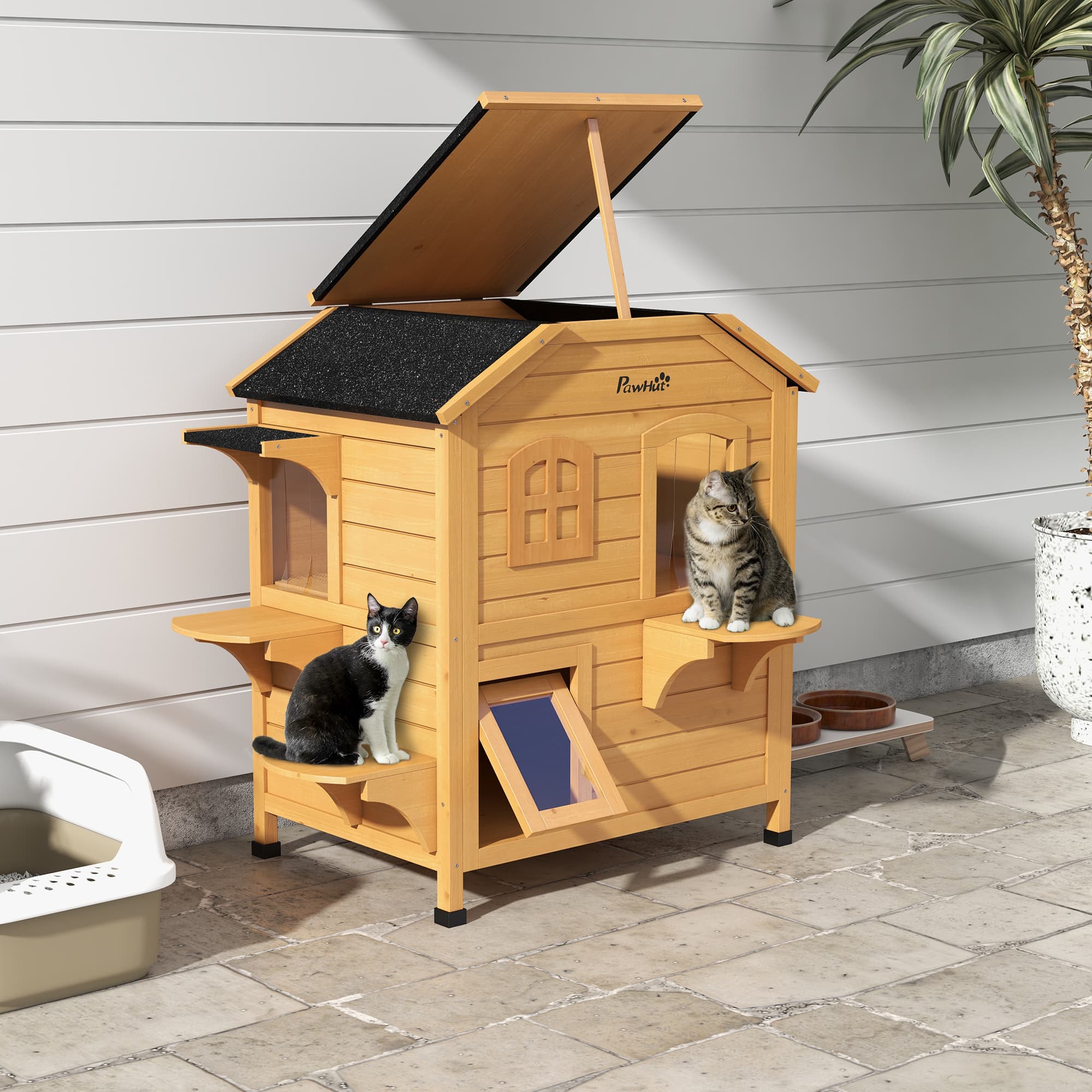 2-story Cat House Outdoor, Weatherproof Wooden Cat Enclosure for Feral Cats with Escape Door, Openable Roof, Jumping Platforms, Natural