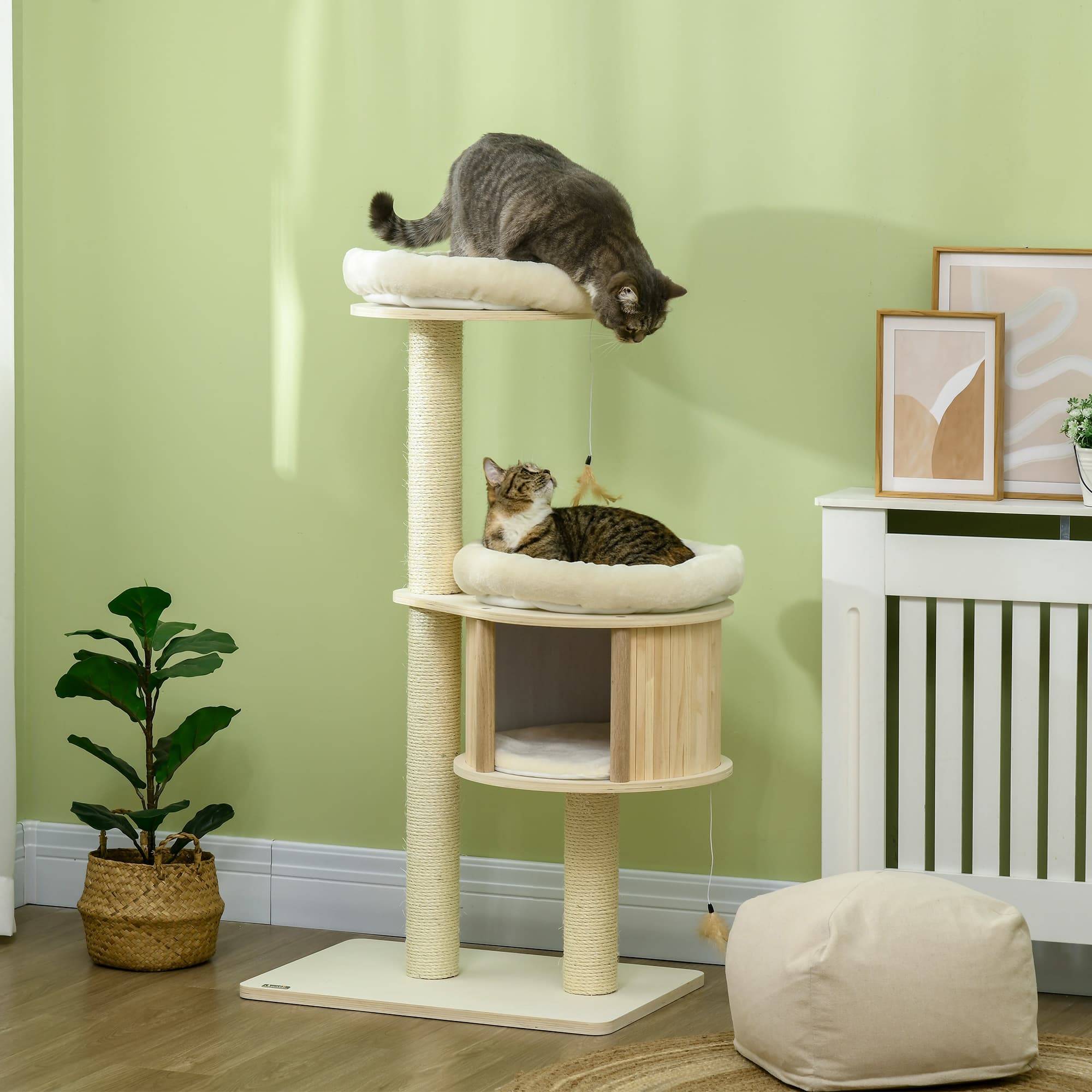  Cat Tree, 3 Level Cat Tower with Scratching Posts, Bed, Condo, Badminton Toys, for Multiple Kittens