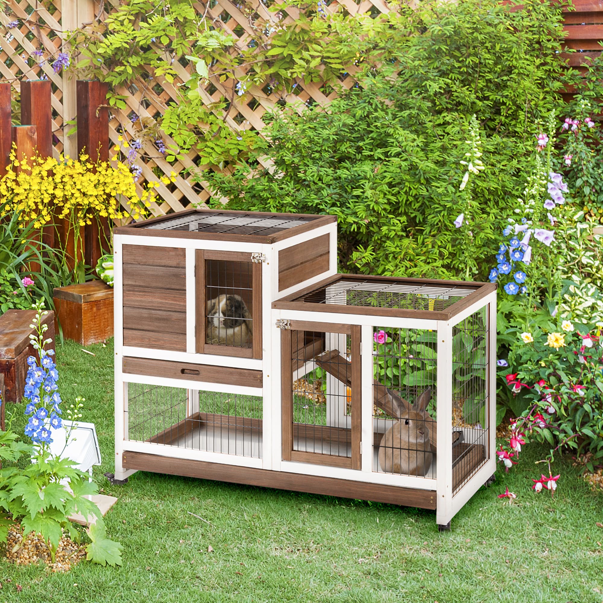  Wooden Rabbit Hutch Elevated Bunny Cage Indoor Small Animal Habitat with Enclosed Run with Wheels, Ramp, Removable Tray for Rabbits, Chickens, Ducks, Guinea Pigs, Brown