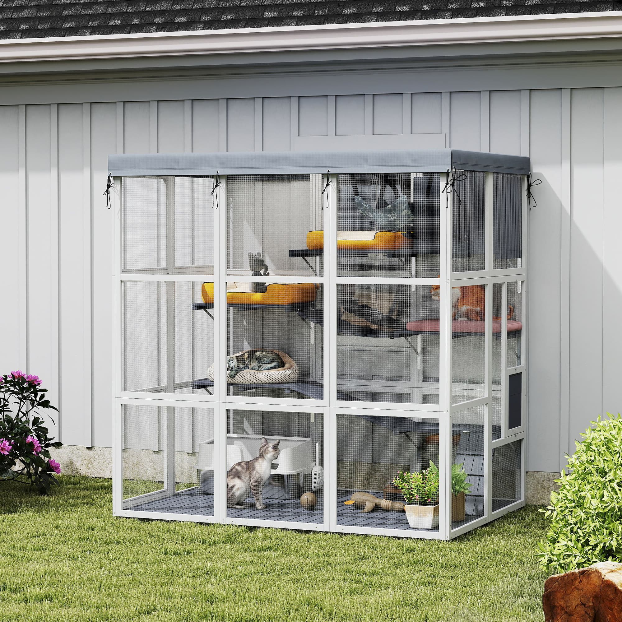  Large Outdoor Catio Cat Enclosure with Hammock, Condo, Jump Platforms, Ladders, Ramps, Tarp, for 2-4 Large Cats, Gray
