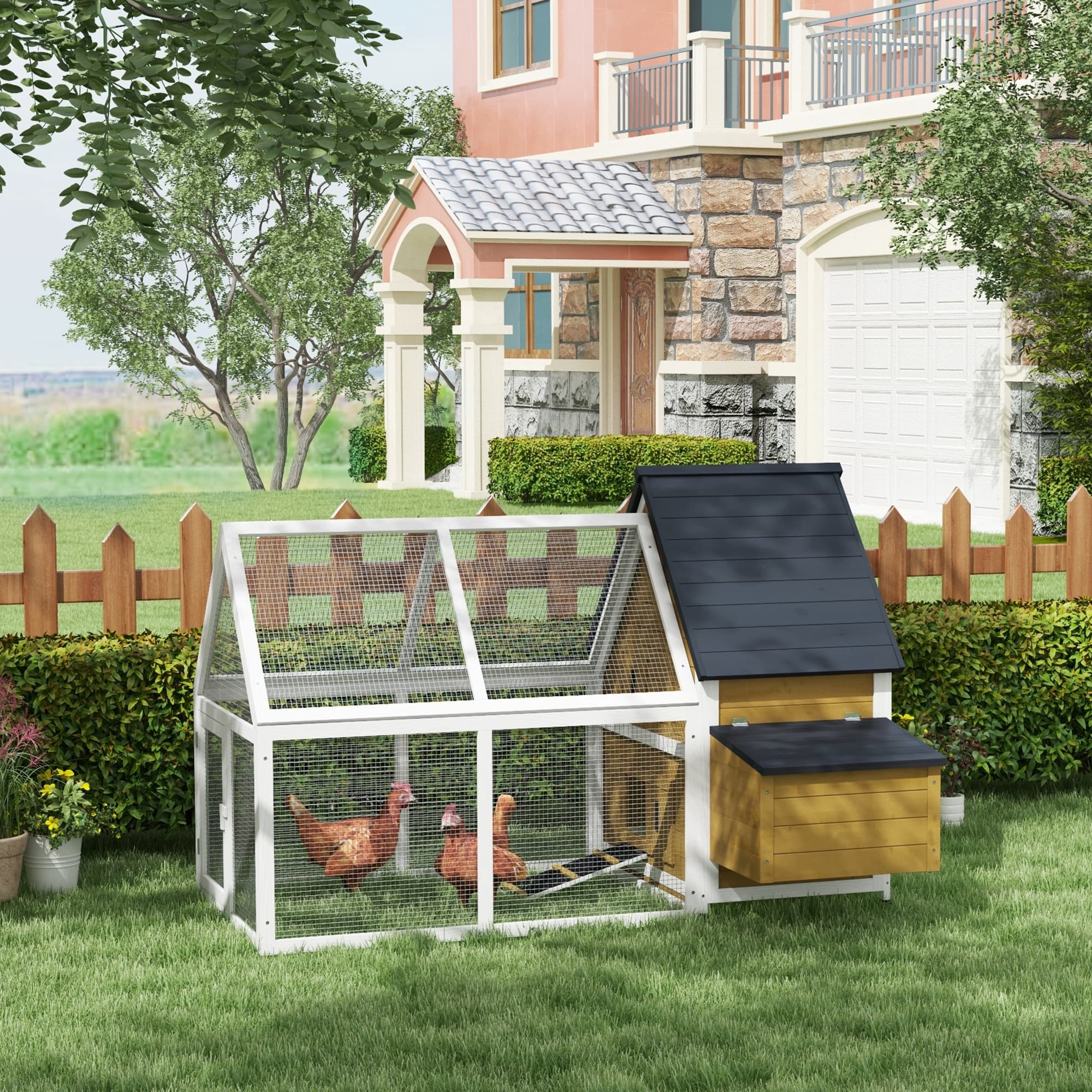  65" Chicken Coop Wooden Chicken House Rabbit Hutch Poultry Cage Hen Pen Backyard with Nesting Box, Ramp, Run, Yellow