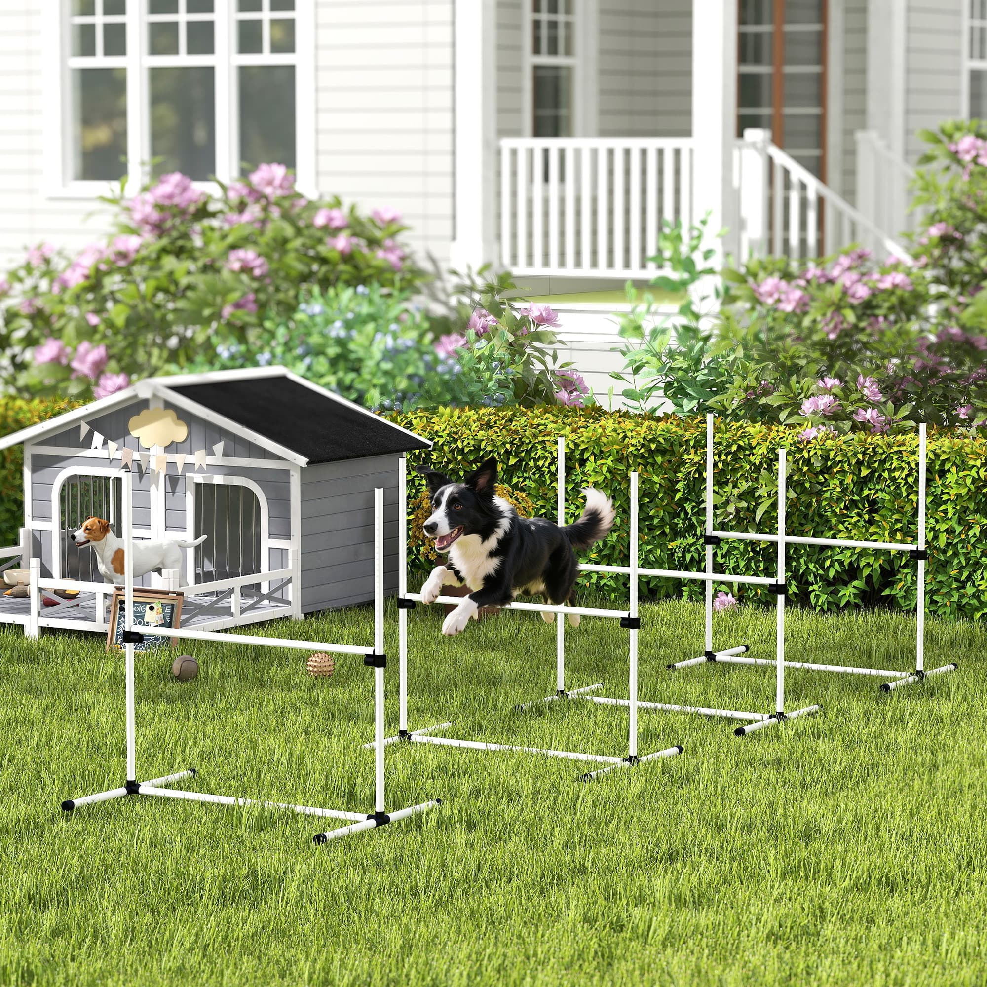  4 Piece Dog Agility Training Equipment for Dog Agility Course with Adjustable Height Jump Bars, Included Carry Bag, & Displacing Top Bar, White