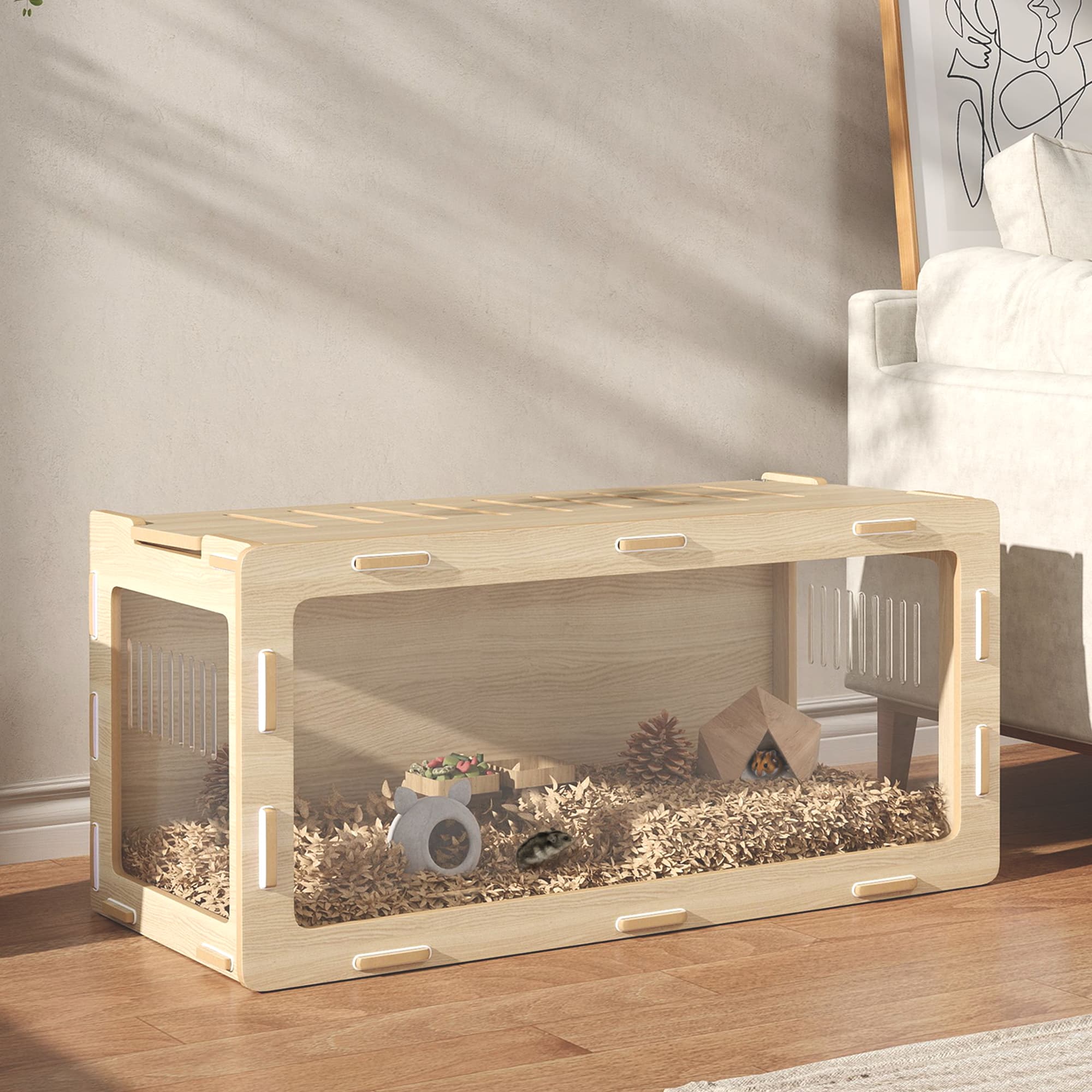 Hamster Cage with Easy View Acrylic Panels, Air Vents & Openable Roof, for Gerbil, Guinea Pig, 39" x 20" x 18.5", Oak