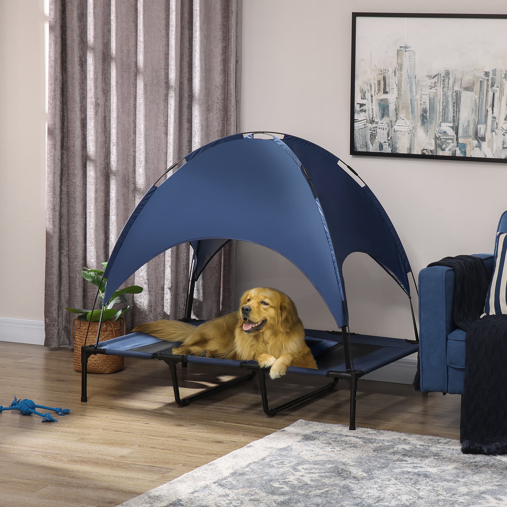  48" x 36" Elevated Portable Dog Cot Cooling Pet Bed with UV Protection Canopy Shade, Dark Blue