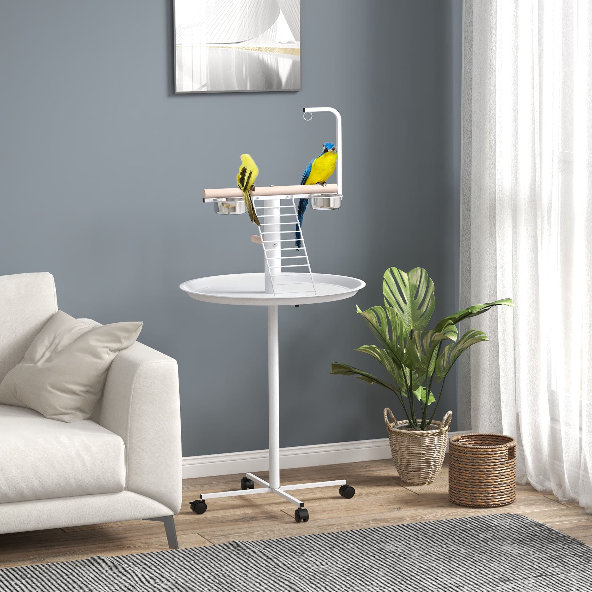 Bird Stand with Wheels, Perches, Feed Bowls, Round Tray for Parrot