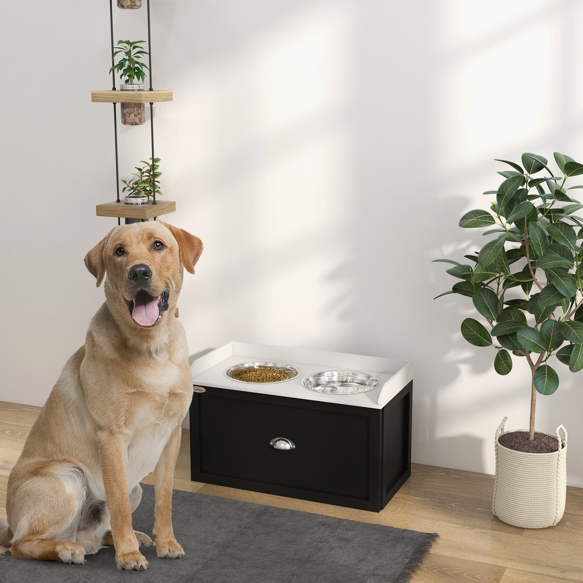  Pet Feeding Station Pet Dish Bowl Set with Storage, 2 Elevated Dog Bowls for Large Sized Dogs, White and Black