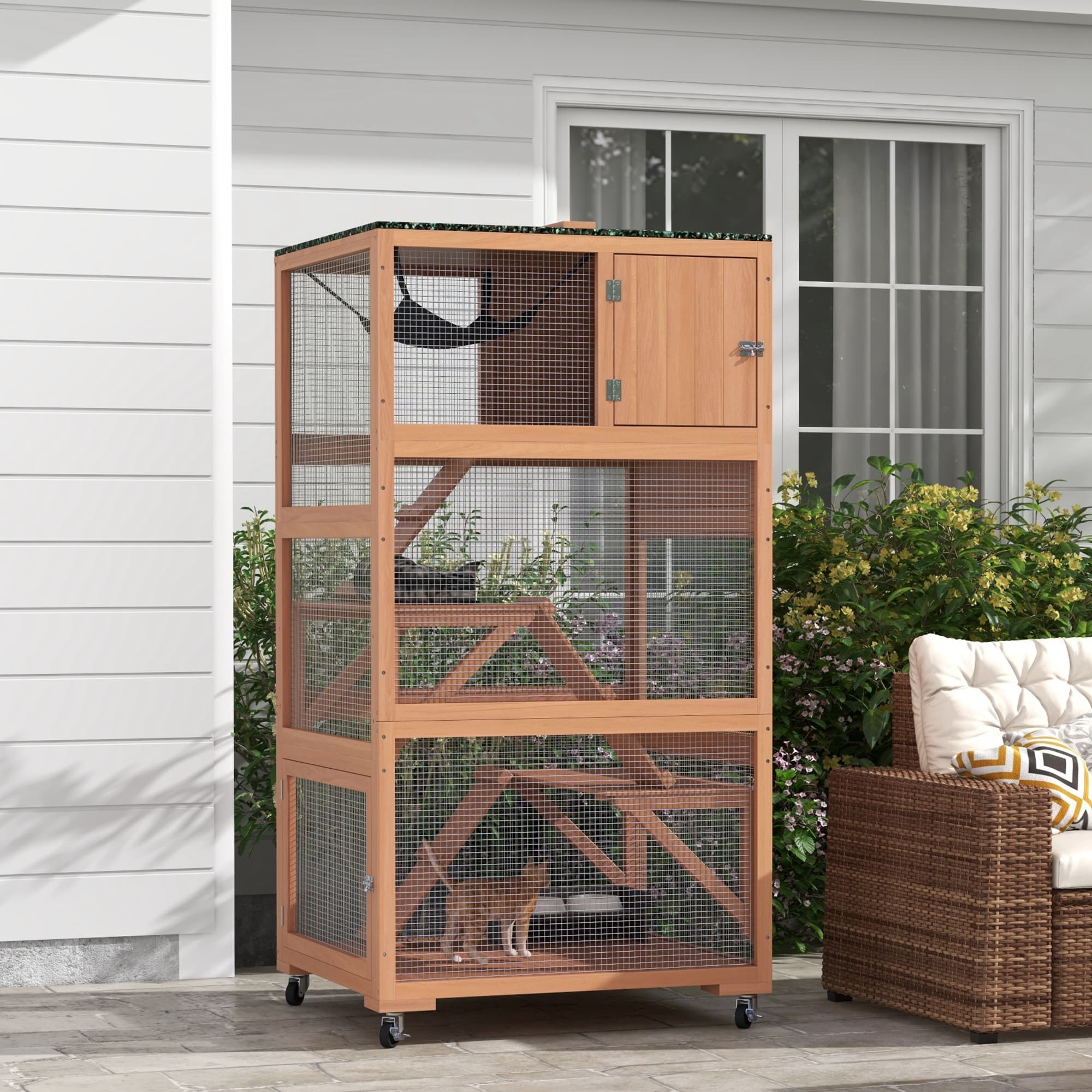  Catio, Outdoor Cat Enclosure House on Wheels with Hammock, Orange