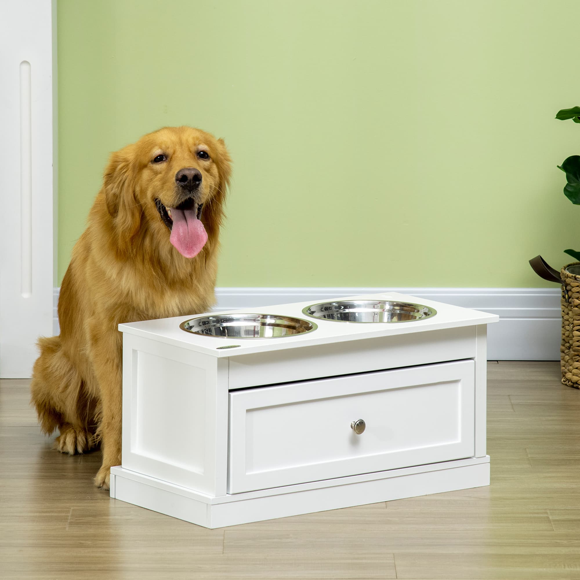  Large Elevated Dog Bowls with Storage Drawer Containing 11L Capacity, Raised Dog Bowl Stand Pet Food Bowl Dog Feeding Station, White