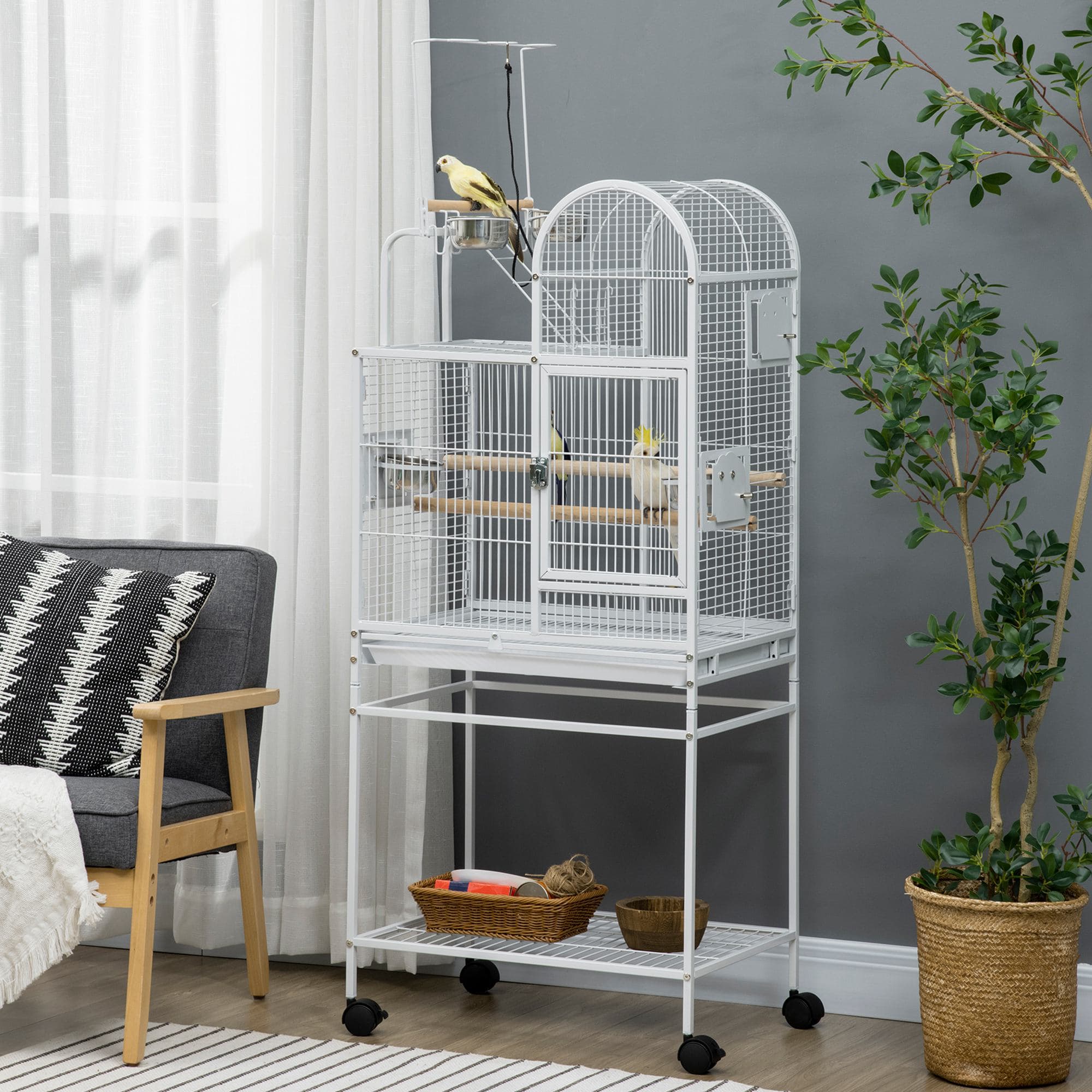  55" Large Parrot Cage with Toy Hooks Above Top Bird Perch, Tray, Food Cups, Rolling Stand, Bird Cage for Cockatiels, Parakeets, Lovebirds