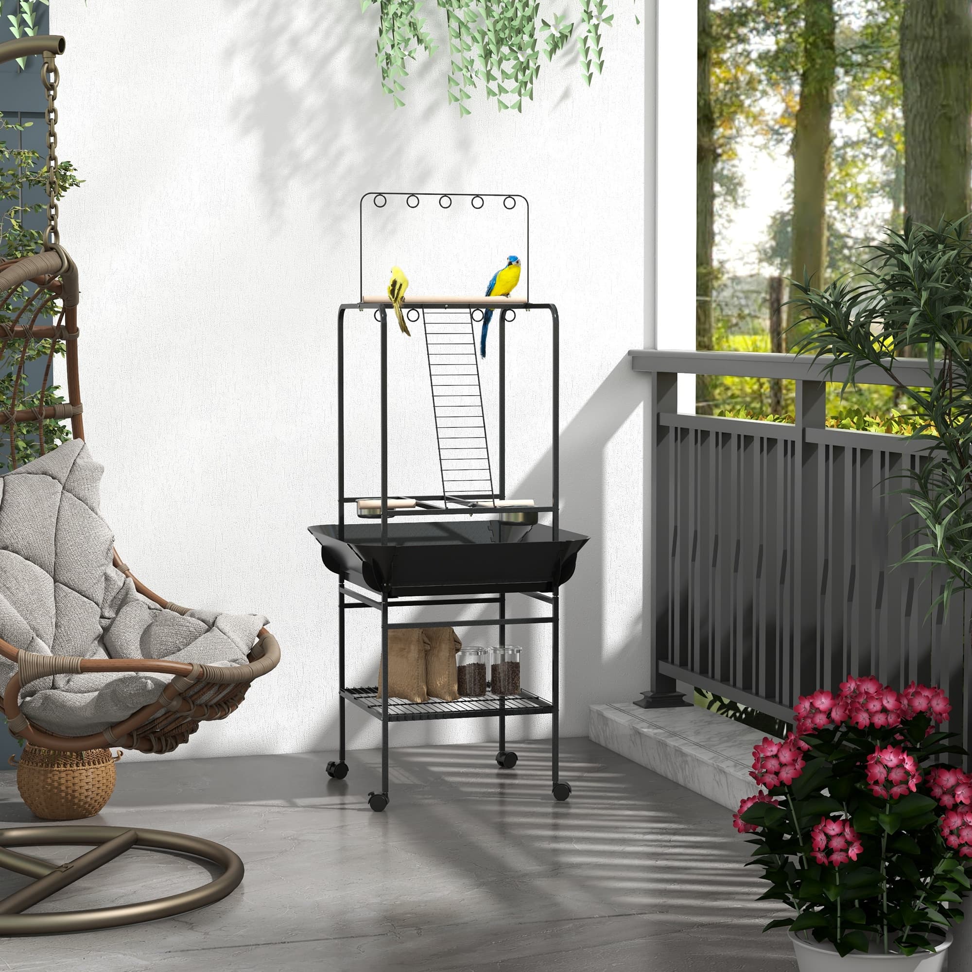  Bird Stand with Wheels, Perches, Stainless Steel Feed Bowls, Pull-Out Tray for Indoor Outdoor Small Parrot, Dark Gray