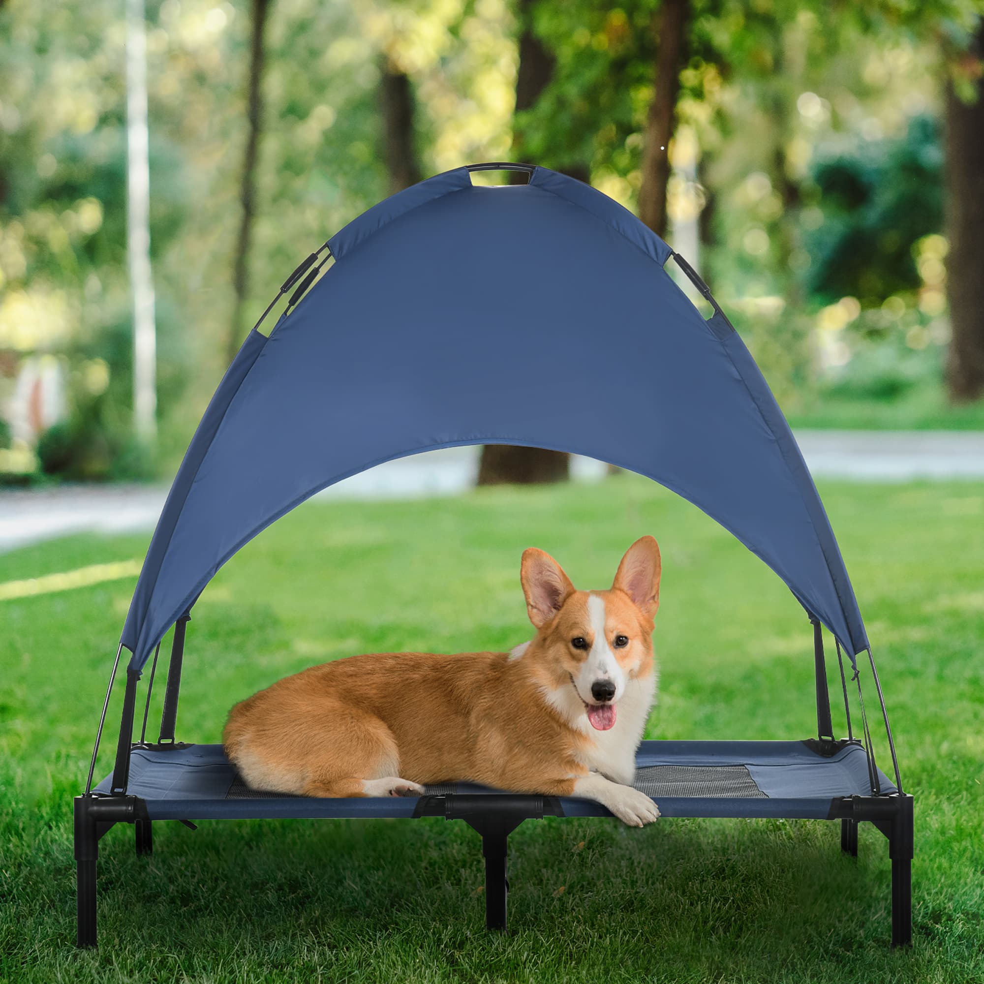  Elevated Portable Dog Cot Pet Bed with UV Protection Canopy Shade, 36 inch, Dark Blue
