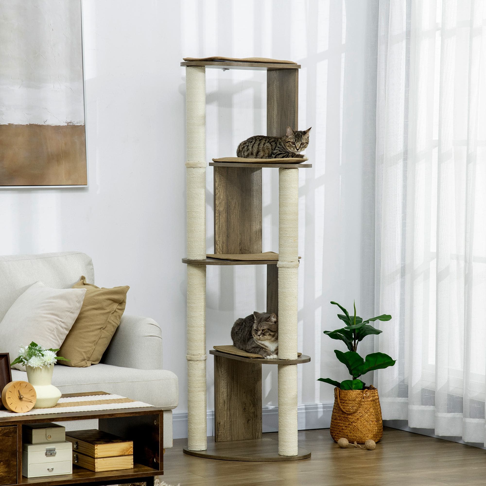  65" Corner Modern Cat Tree Tall for Climbing, Large Multilevel Cat Tower with Scratching Posts, Small-Fit Kitten Tower with Sisal, Cream White