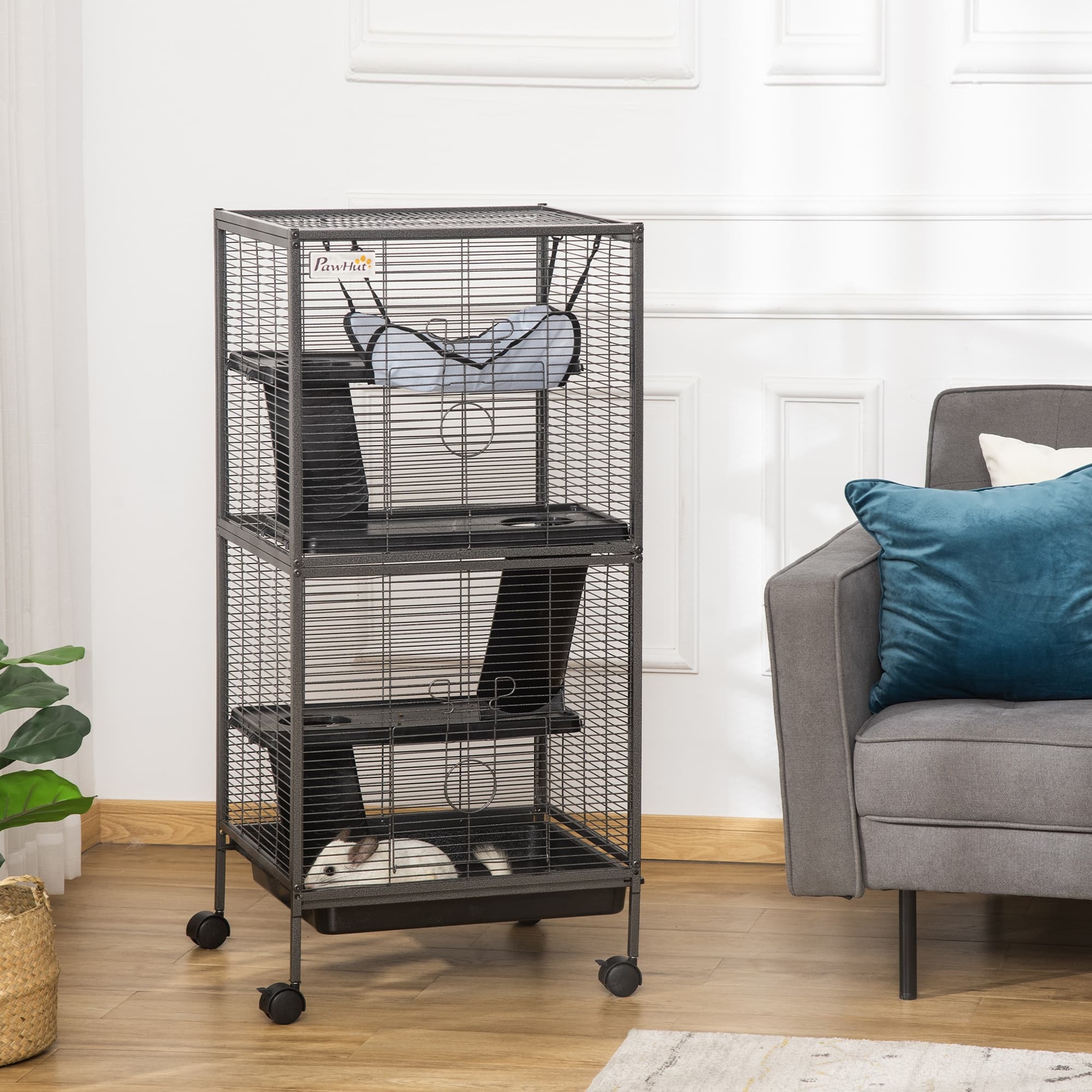  Metal Small Animal Cage Rolling Big Ferret Cage, Chinchilla Cage, Sugar Glider Cage, with Hammock & 4 Tiers, Removable Tray, Gray