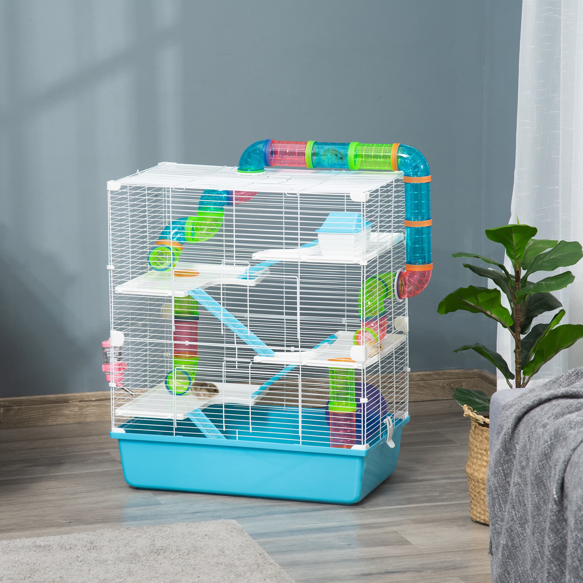  Extra Large 23" Hamster Cage with Tubes and Tunnels, Portable Carry Handles, Rat House and Habitats Big 5-Tier Design, Mouse Cage Includes Exercise Wheel, Water Bottle, Food Dish, Light Blue