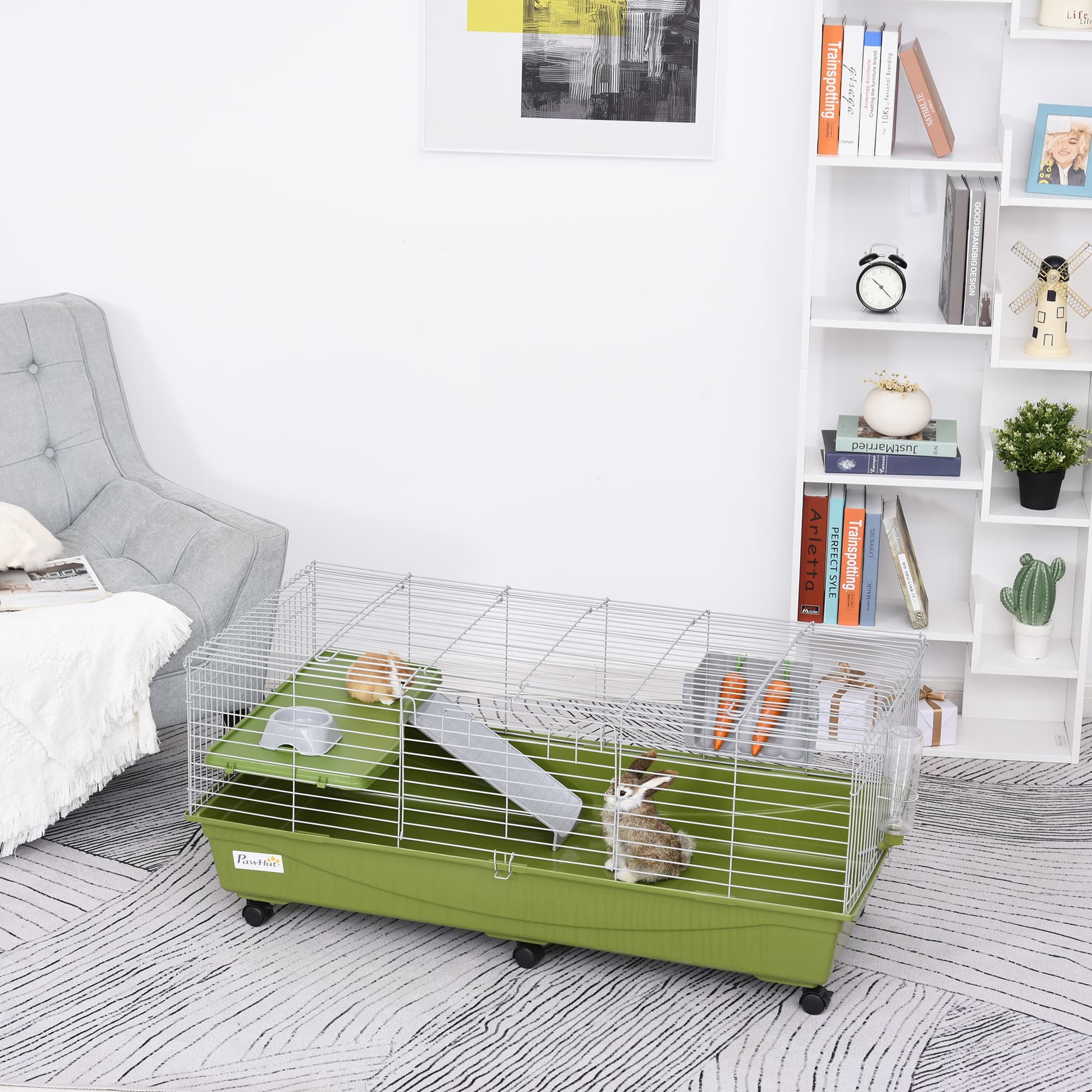  47" Small Animal Cage Chinchilla Guinea Pig Hutch Pet House with Platform Ramp, Food Dish, Wheels, & Water Bottle