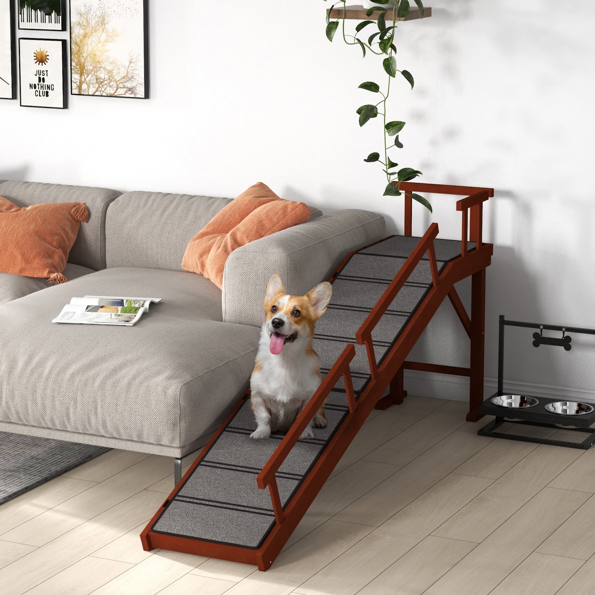  Wooden Dog Ramp with Removable Guardrails, Non-Slip Surface, 73" Long, Brown