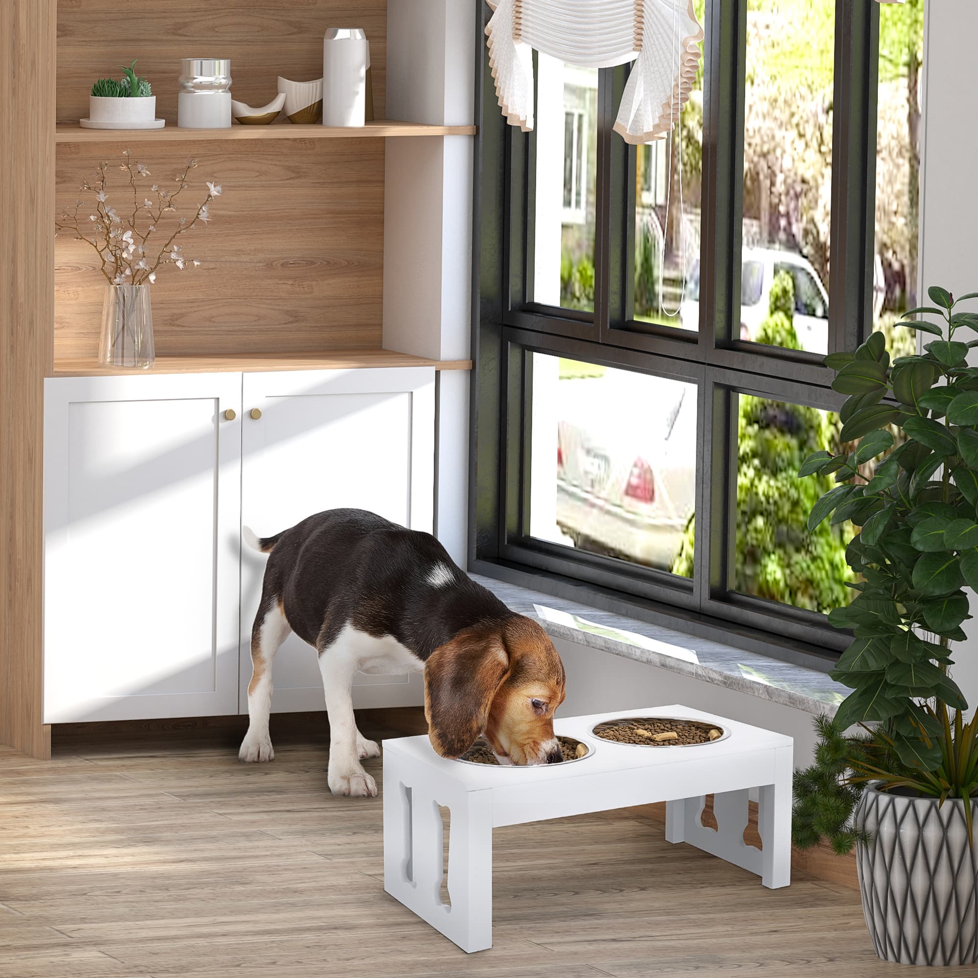  23" Modern Decorative Raised Dog Bowls, Wooden Heavy Duty Pet Food and Water Bowl, Elevated Feeding Station, White