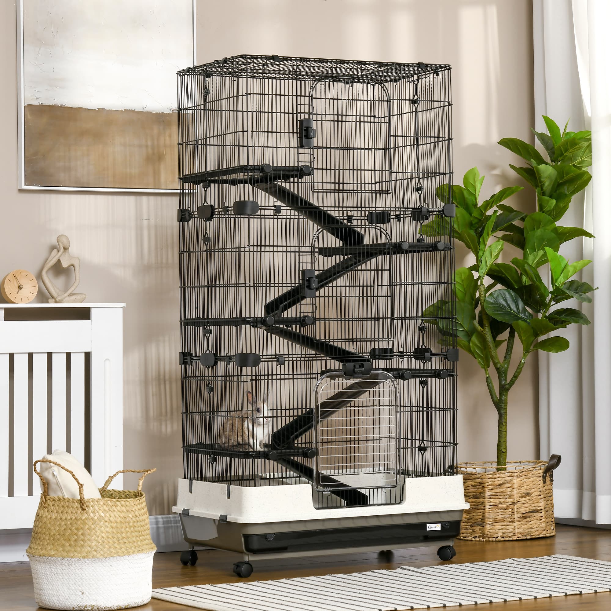  6-tier Platform Rolling Small Animal Rabbit Cage with a Large Living Space, Black