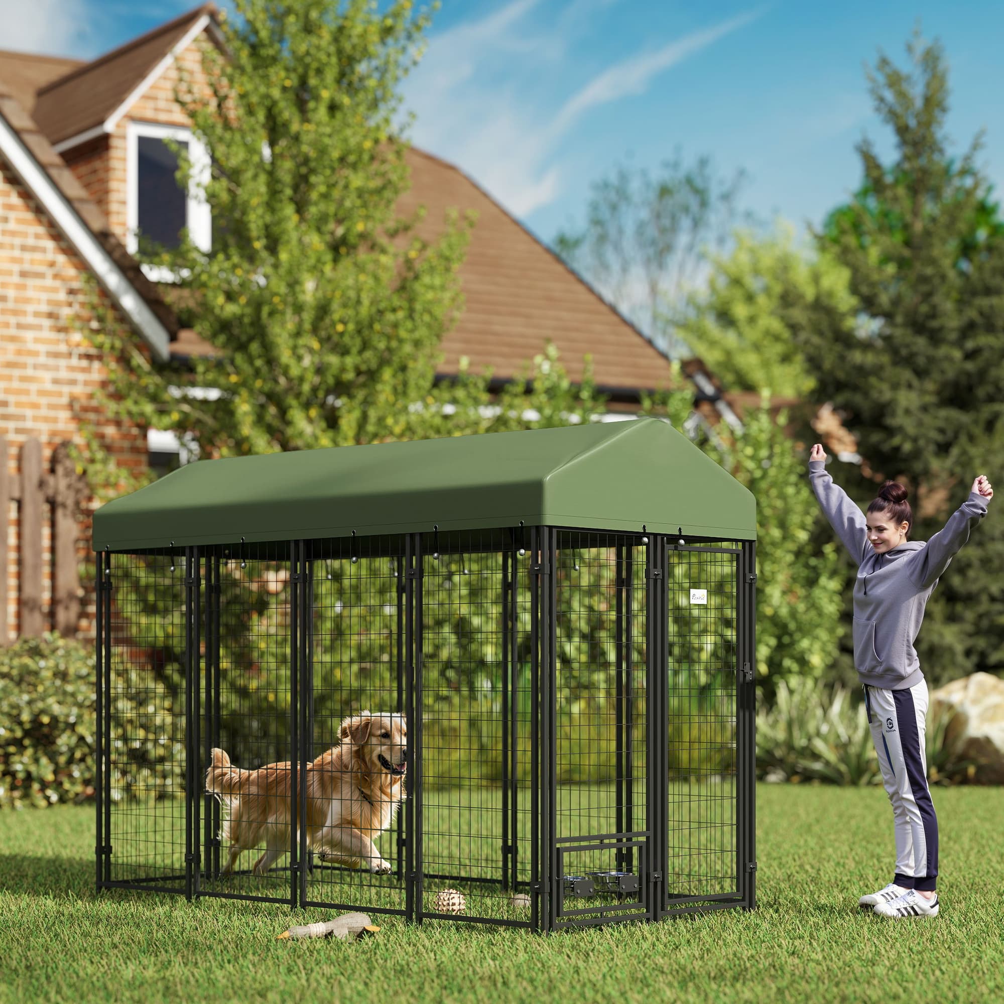  Outdoor Dog Kennel with Rotating Bowl Holders, Pet Playpen with Waterproof Cover, 8' x 4' x 6', Green