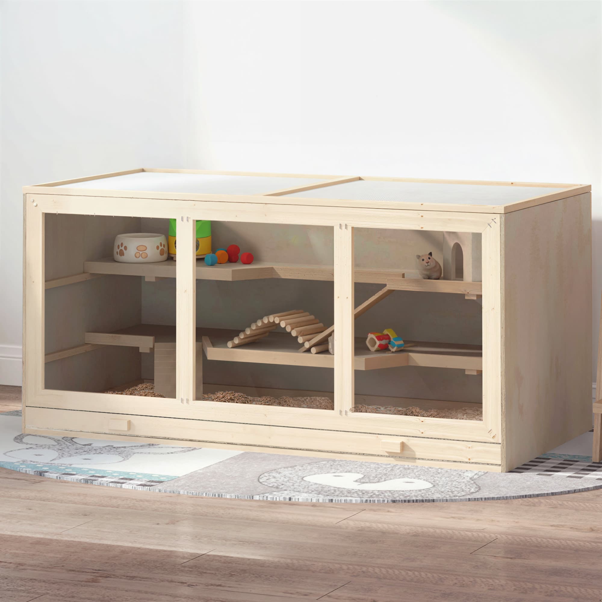  45" Extra Large Wooden Hamster Cage, 3-Layer Rat Cage with Opening Roof, PVC Window, Small Animal Habitat for Gerbil, Dwarf & Syrian Hamsters, Natural