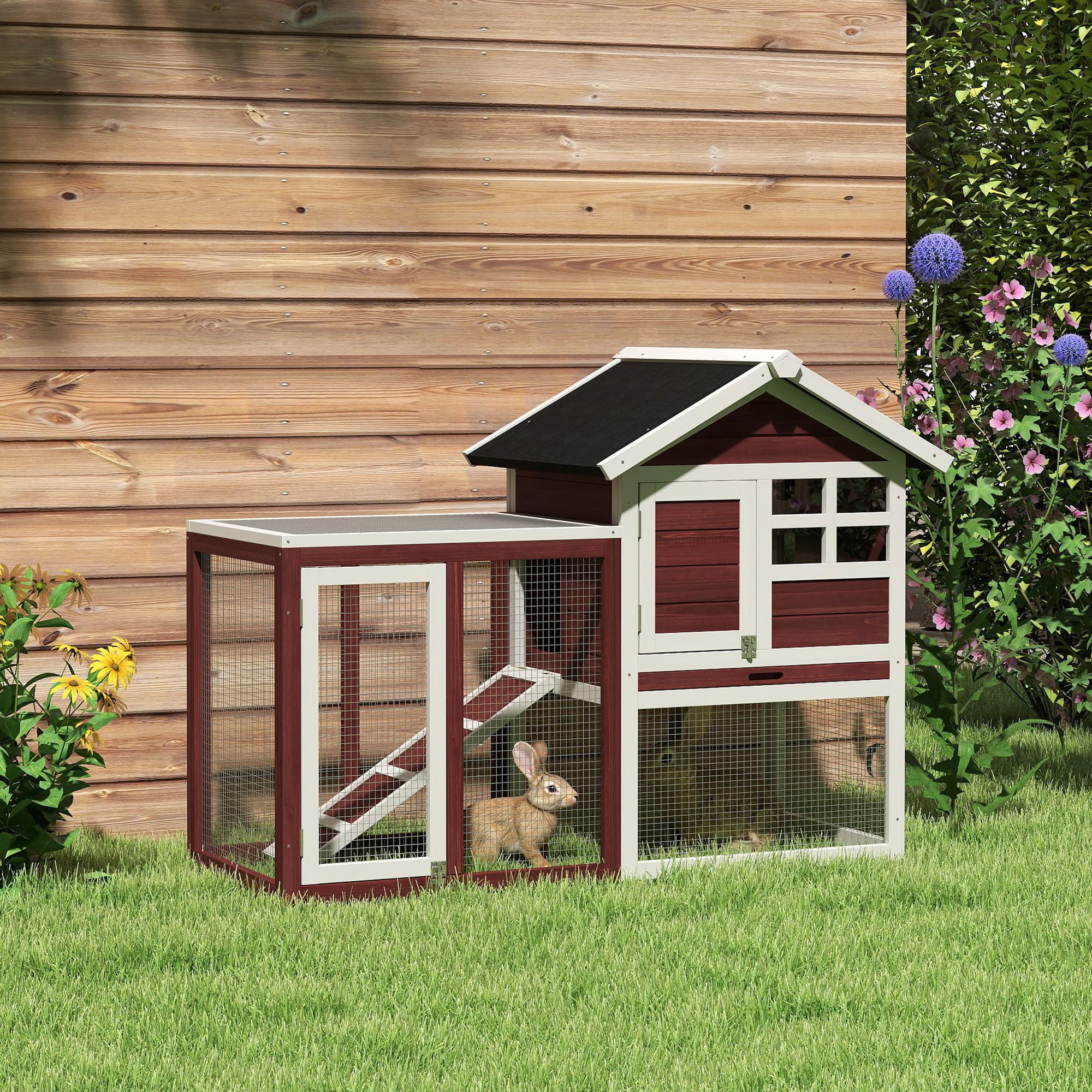  49" Wooden Rabbit Hutch Bunny Cage with Waterproof Asphalt Roof, Fun Outdoor Run, Removable Tray and Ramp, for Rabbits, Chickens, Ducks, Brown