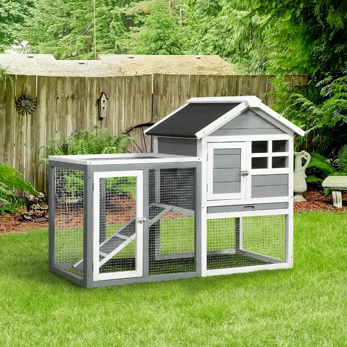  Indoor Rabbit Enclosure, 48" Weatherproof Wooden Rabbit Hutch, with Slanted Asphalt Roof & Fun Outdoor Run for Bunnies & Ferrets - Gray