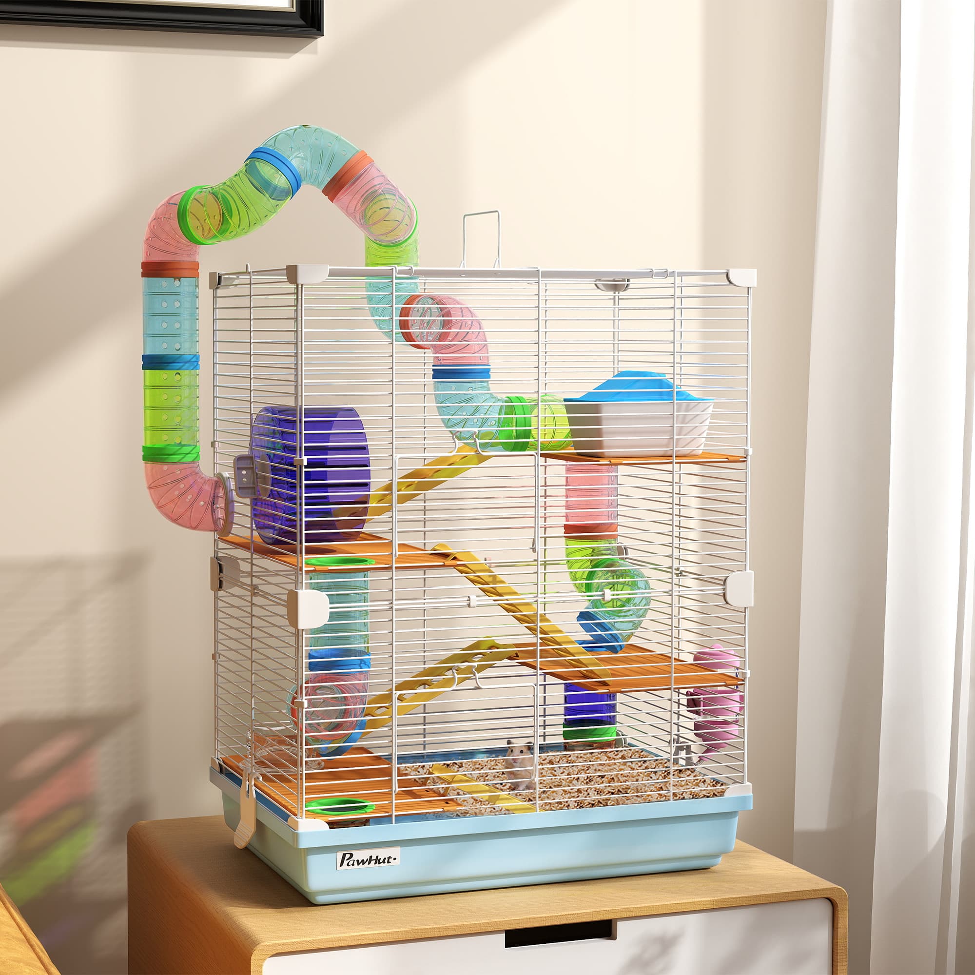5 Tiers Hamster Cage Portable Animal Travel Carrier W  Exercise Wheels Tube, Light Blue