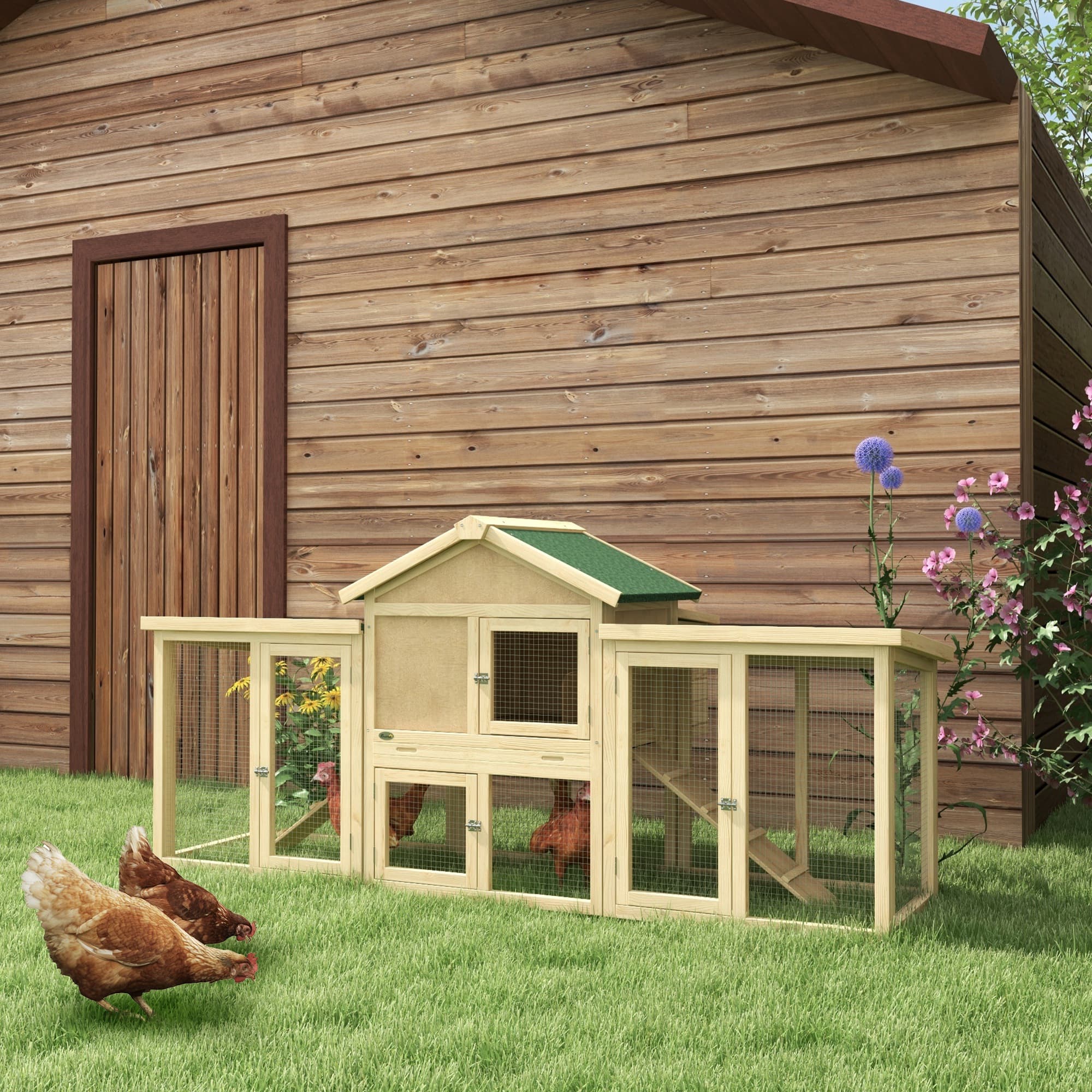  Wooden Chicken Coop ith Nesting Box, Double Runs, Removable Tray, Ramps, for Garden Backyard