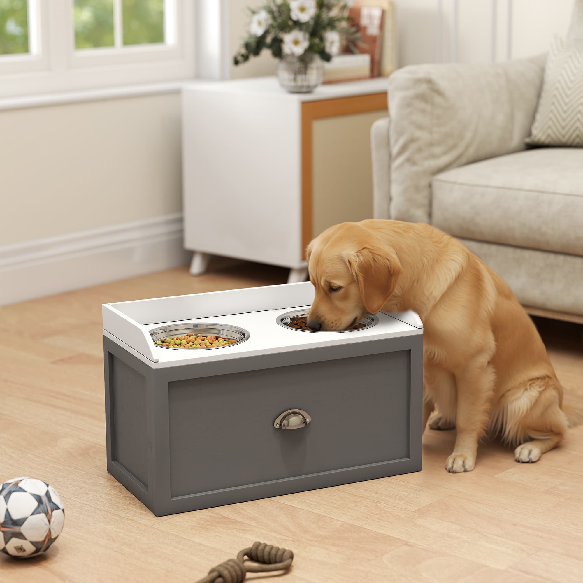  Pet Feeding Station Pet Dish Bowl Set with Storage, 2 Elevated Dog Bowls for Large Sized Dogs, Gray