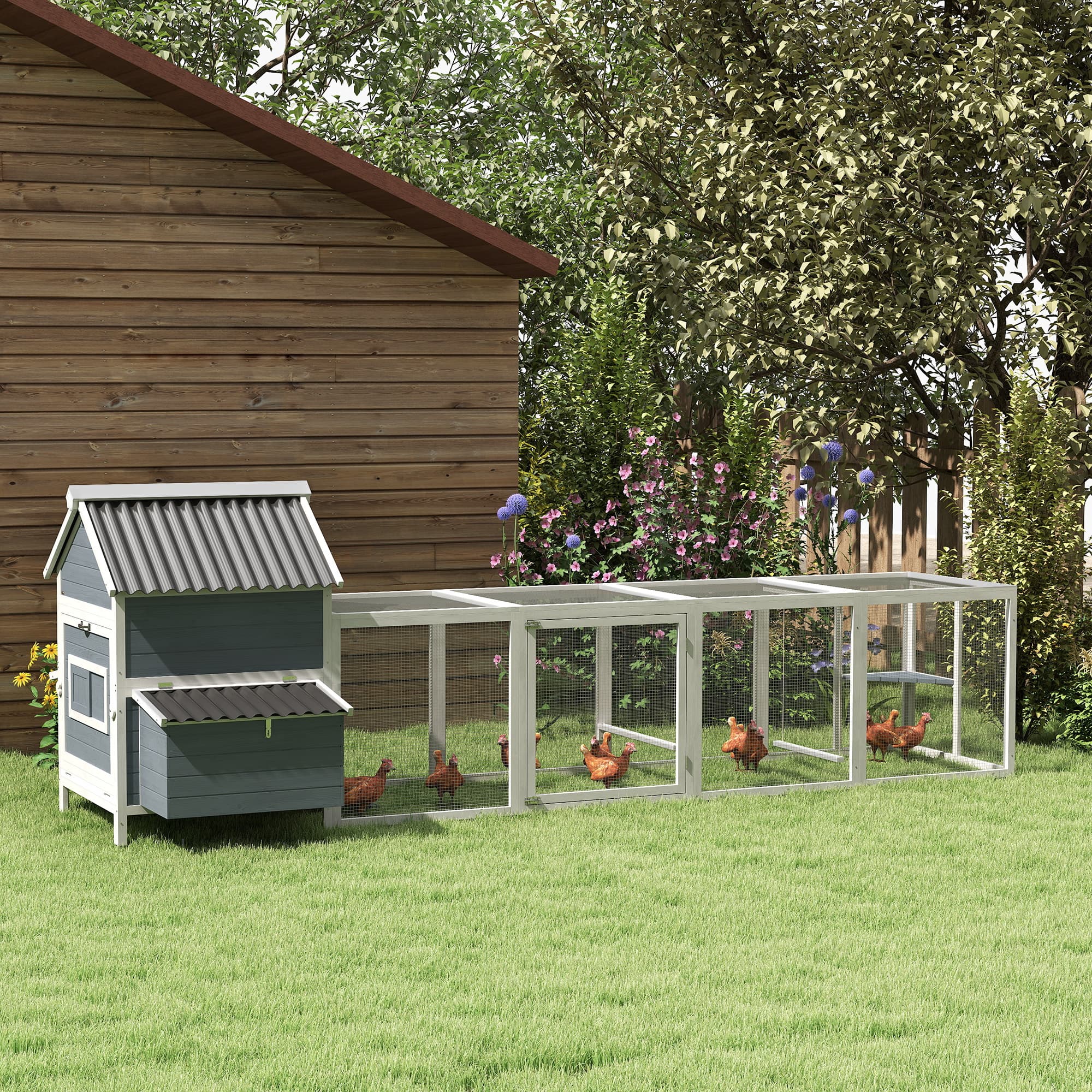  156" Extra Large Wooden Chicken Coop with 2 Nesting Box, Run Cage, Waterproof Wave Roof, for 10-15 Chickens, Light Gray