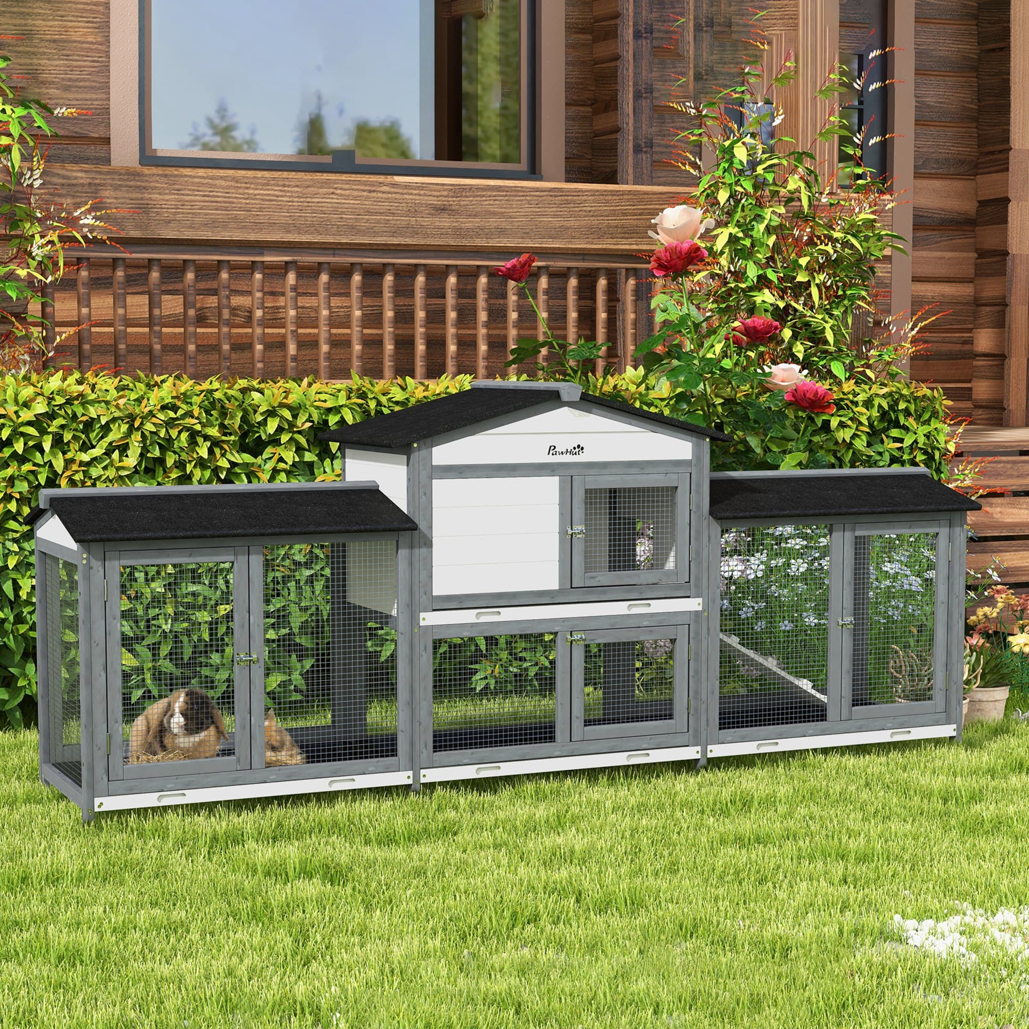  90.5" Wooden Rabbit Hutch Bunny Cage Pet Playpen House Enclosure with Double Side Run Boxes, No Leak Tray, Ramp, for Rabbits, Chickens, Ducks, Guinea Pig and Small Animals, Light Gray