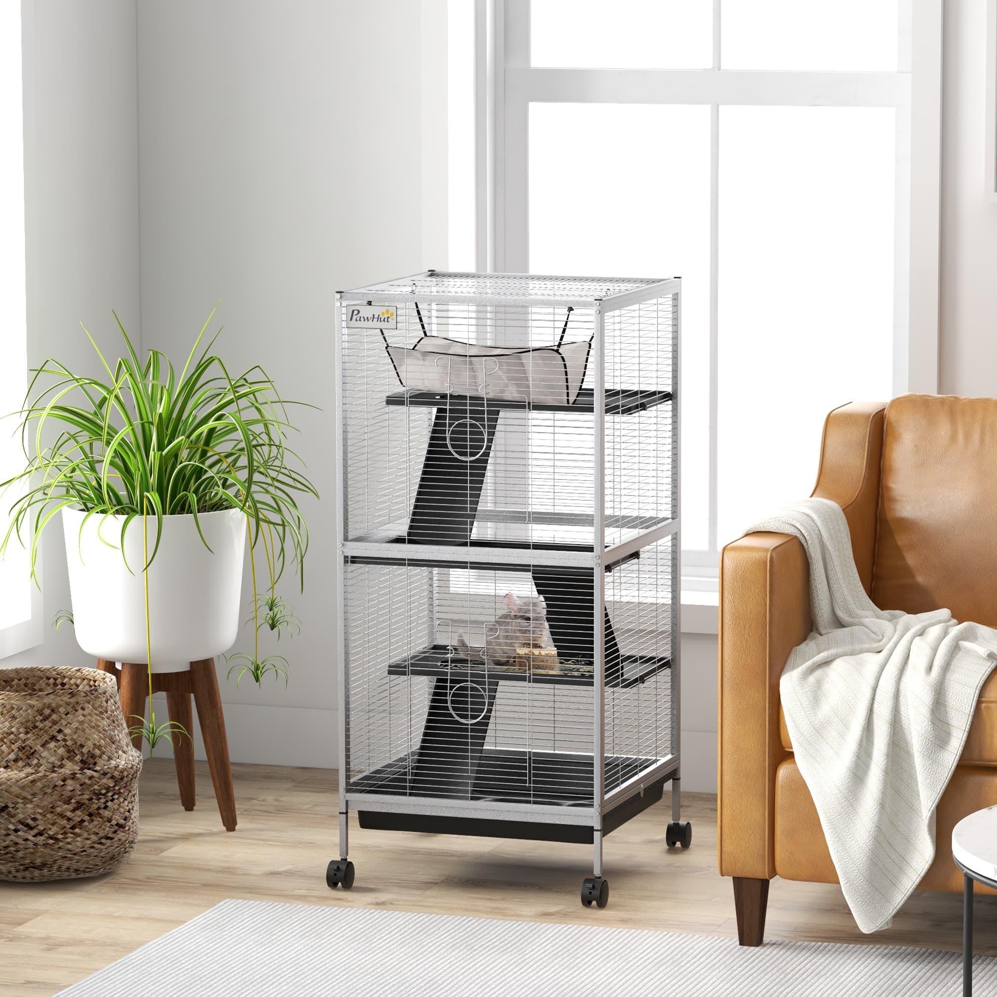  45" H Rolling Small Animal Cage with Hammock, Ferret Cage, Chinchilla Cage, Pet Habitat with 6 Doors, Removable Tray