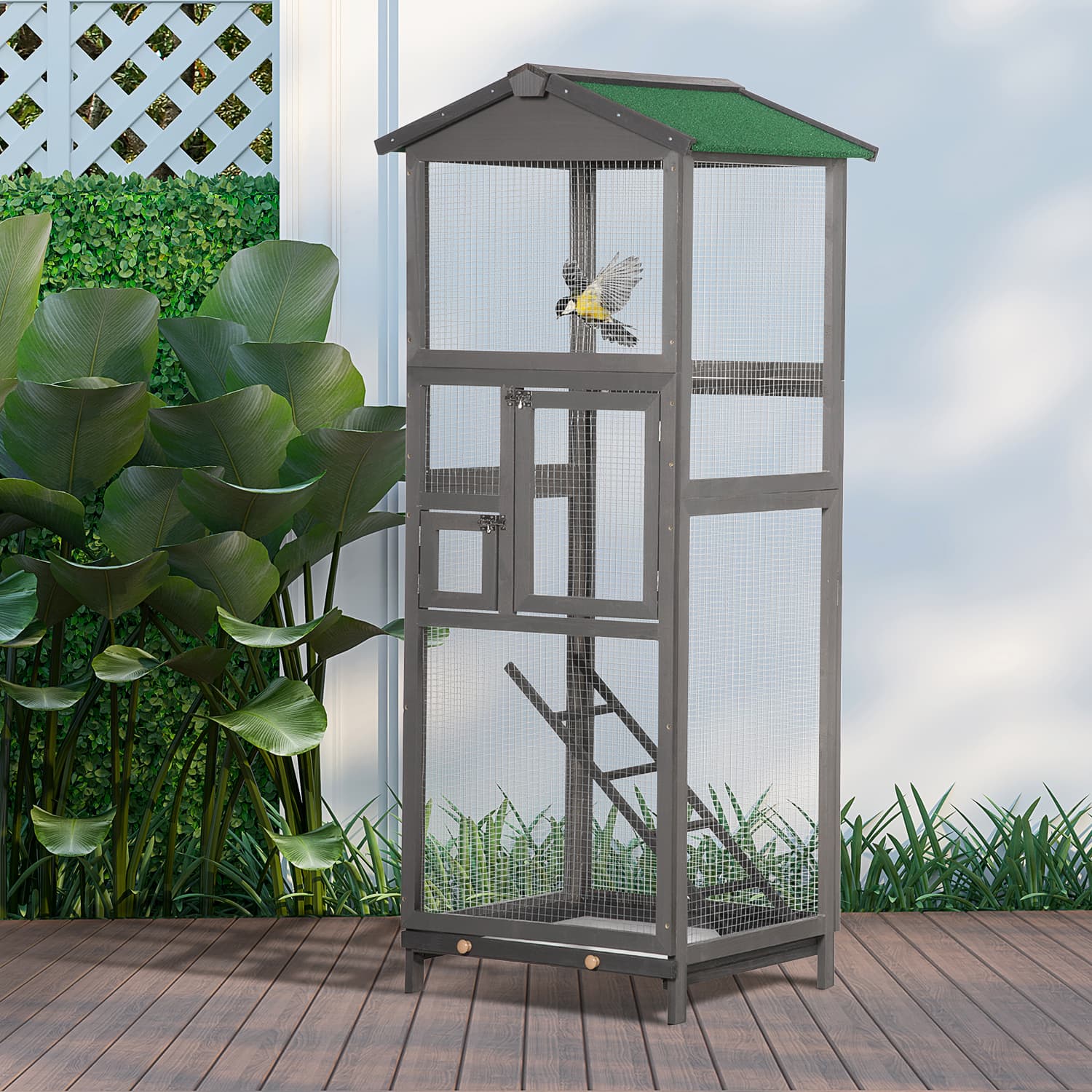 65" Wooden Bird Cage Outdoor Aviary House for Parrot, Parakeet, with Pull Out Tray and 2 Doors, Grey